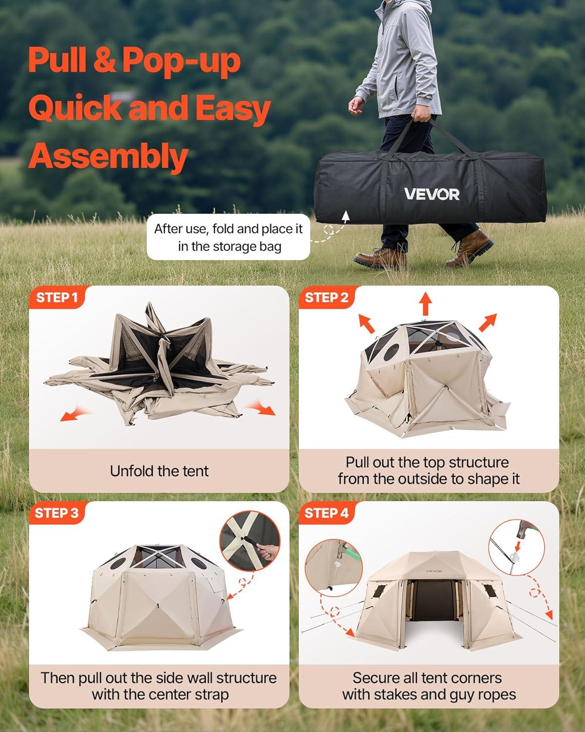 image:imageVEVOR Pop Up Gazebo Screen Tent 6 Sided Canopy Sun Shelter with 6 Removable Privacy Wind Cloths amp Mesh Windows 115x115FT Quick Set Screen Tent with Mosquito Netting BrownBeige