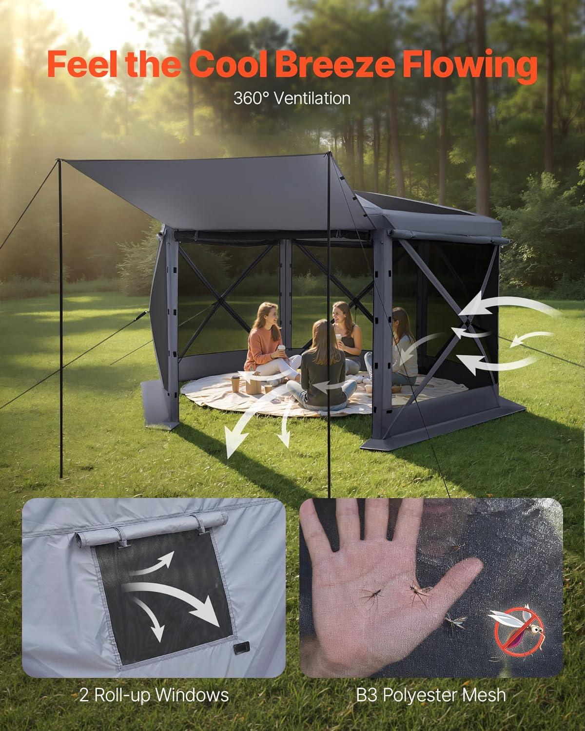 image:imageVEVOR Pop Up Gazebo Screen Tent 6 Sided Canopy Sun Shelter with 6 Removable Privacy Wind Cloths amp Mesh Windows 115x115FT Quick Set Screen Tent with Mosquito Netting BrownGray