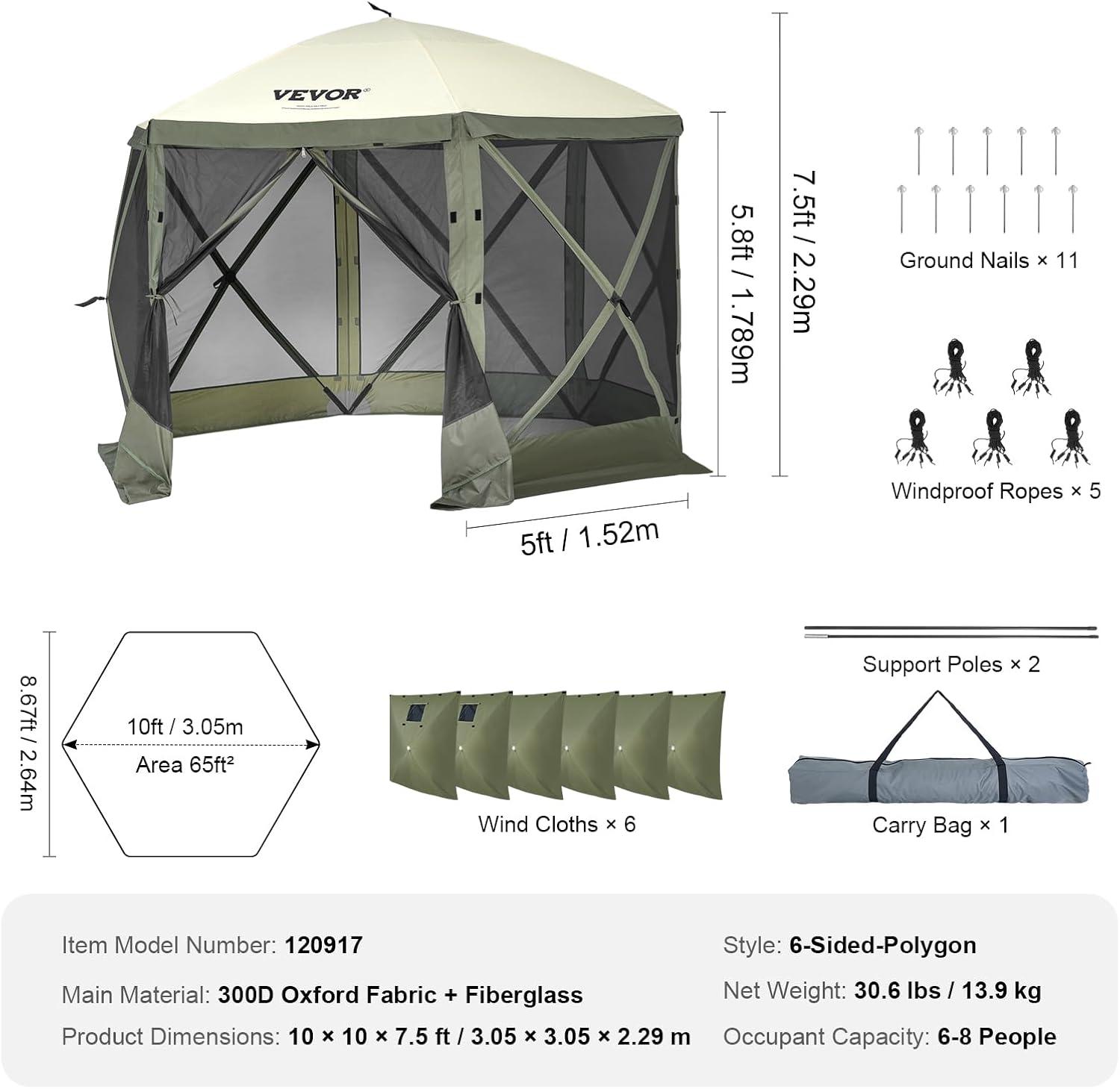 image:imageVEVOR Pop Up Gazebo Screen Tent 6 Sided Canopy Sun Shelter with 6 Removable Privacy Wind Cloths amp Mesh Windows 115x115FT Quick Set Screen Tent with Mosquito Netting BrownArmy Green