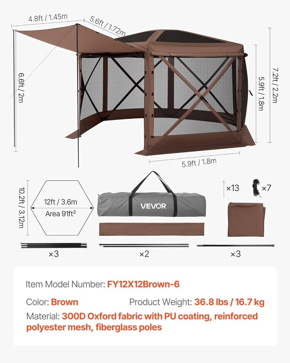 image:imageVEVOR Pop Up Gazebo Screen Tent 6 Sided Canopy Sun Shelter with 6 Removable Privacy Wind Cloths amp Mesh Windows 115x115FT Quick Set Screen Tent with Mosquito Netting BrownBrown