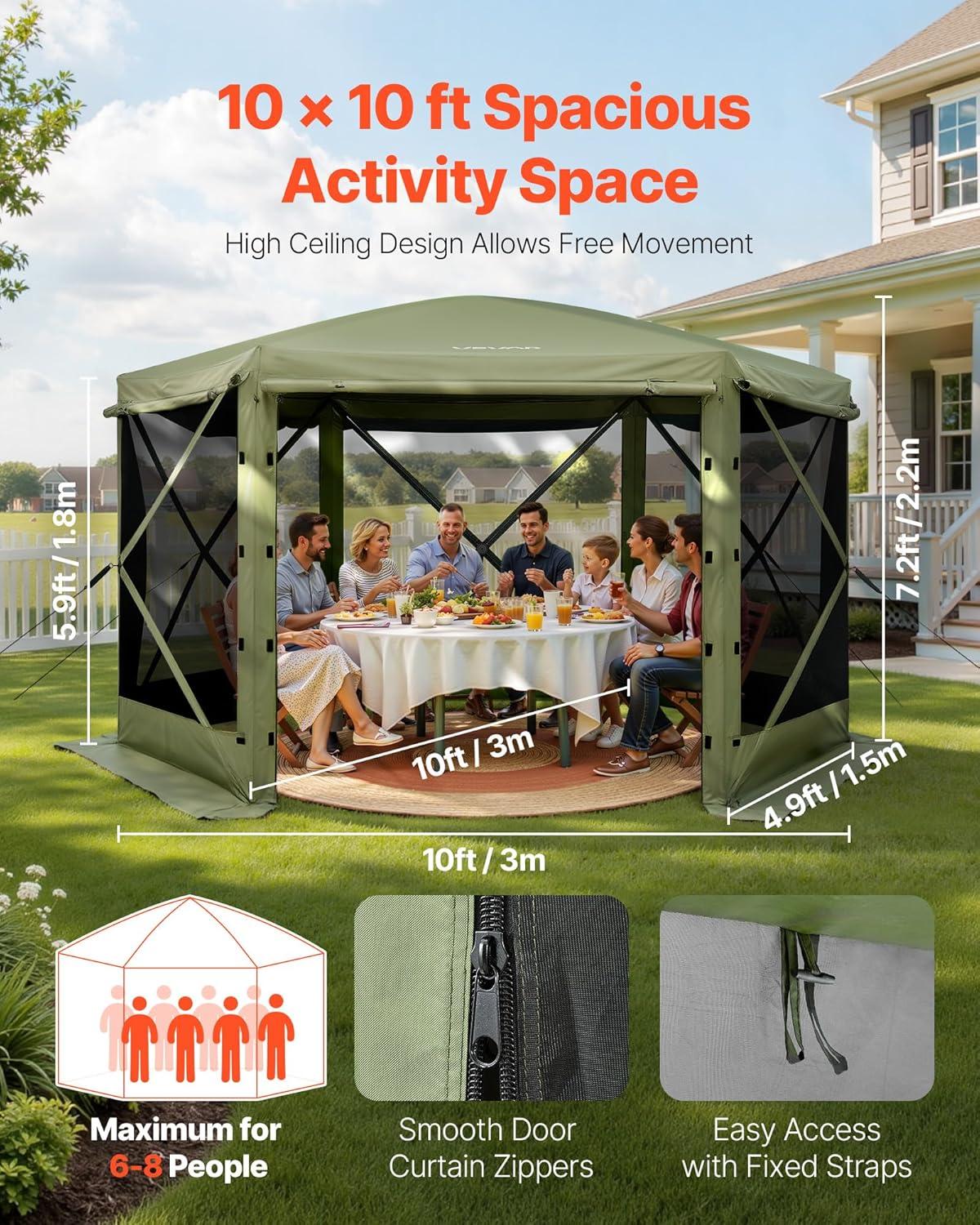 image:imageVEVOR Pop Up Gazebo Screen Tent 6 Sided Canopy Sun Shelter with 6 Removable Privacy Wind Cloths amp Mesh Windows 115x115FT Quick Set Screen Tent with Mosquito Netting BrownArmy Green