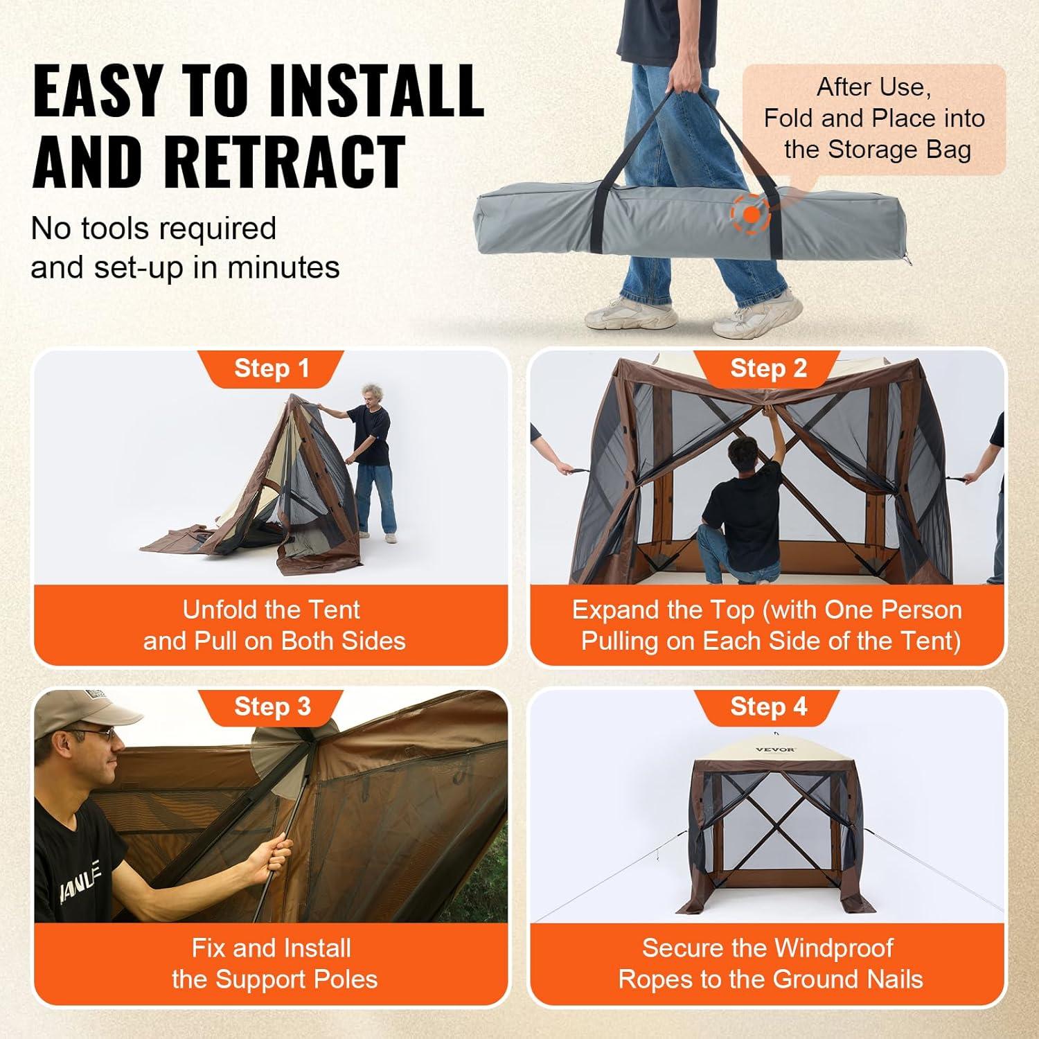 image:imageVEVOR Pop Up Gazebo Screen Tent 6 Sided Canopy Sun Shelter with 6 Removable Privacy Wind Cloths amp Mesh Windows 115x115FT Quick Set Screen Tent with Mosquito Netting BrownBrown