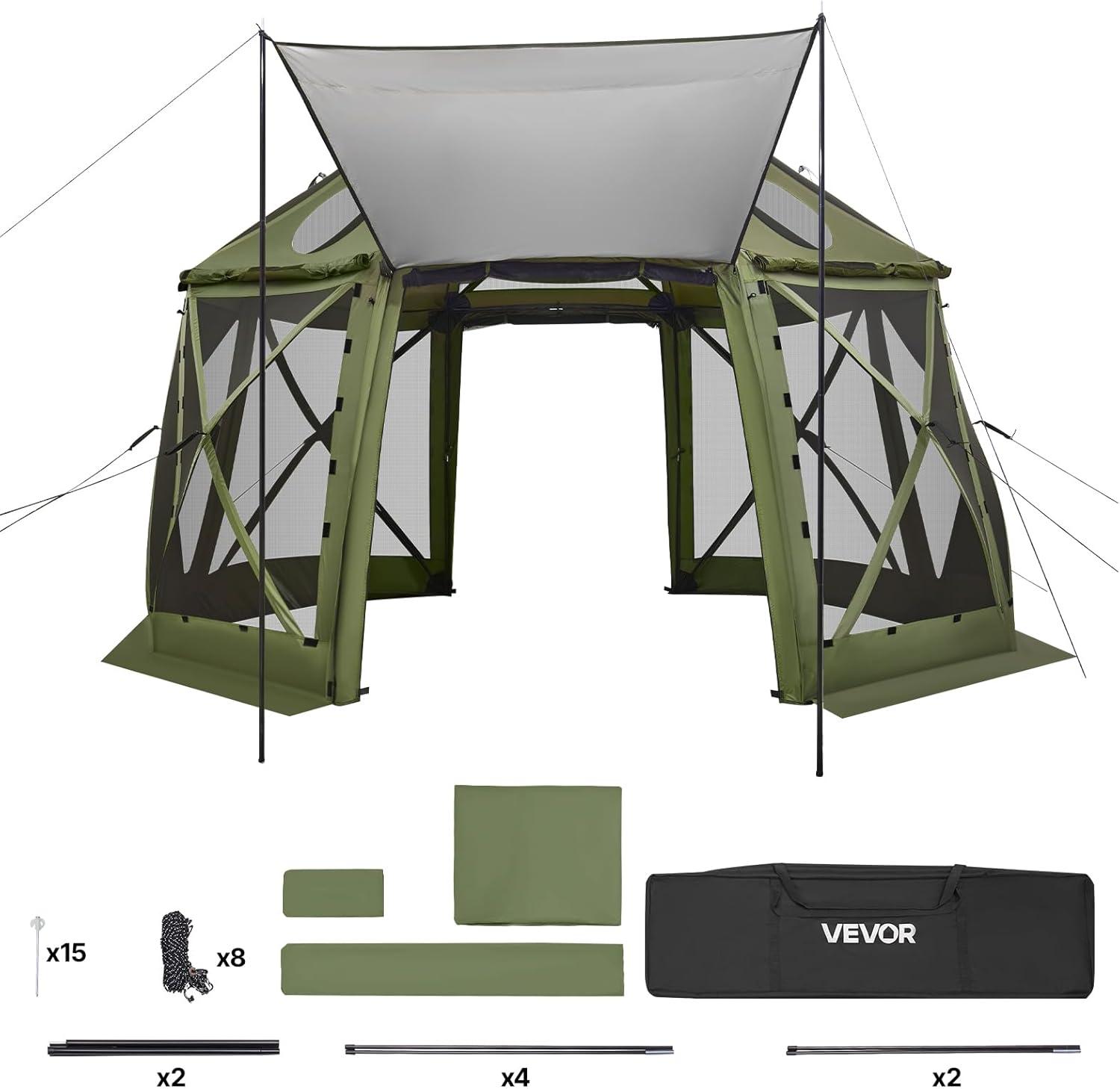 image:imageVEVOR Pop Up Gazebo Screen Tent 6 Sided Canopy Sun Shelter with 6 Removable Privacy Wind Cloths amp Mesh Windows 115x115FT Quick Set Screen Tent with Mosquito Netting BrownArmy Green