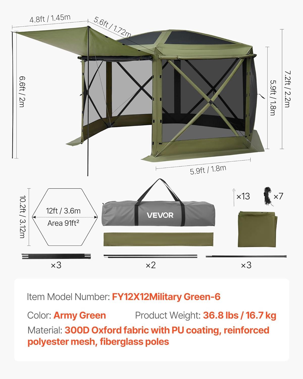 image:imageVEVOR Pop Up Gazebo Screen Tent 6 Sided Canopy Sun Shelter with 6 Removable Privacy Wind Cloths amp Mesh Windows 115x115FT Quick Set Screen Tent with Mosquito Netting BrownArmy Green