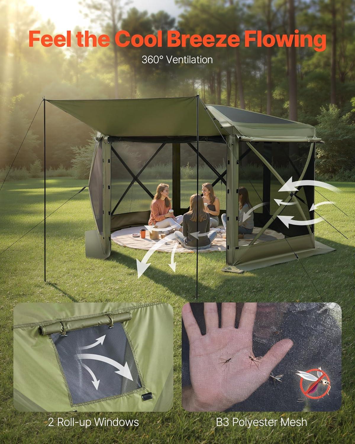 image:imageVEVOR Pop Up Gazebo Screen Tent 6 Sided Canopy Sun Shelter with 6 Removable Privacy Wind Cloths amp Mesh Windows 115x115FT Quick Set Screen Tent with Mosquito Netting BrownArmy Green