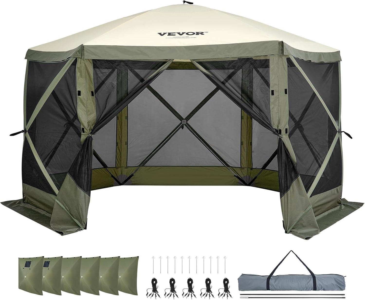 image:imageVEVOR Pop Up Gazebo Screen Tent 6 Sided Canopy Sun Shelter with 6 Removable Privacy Wind Cloths amp Mesh Windows 115x115FT Quick Set Screen Tent with Mosquito Netting BrownArmy Green