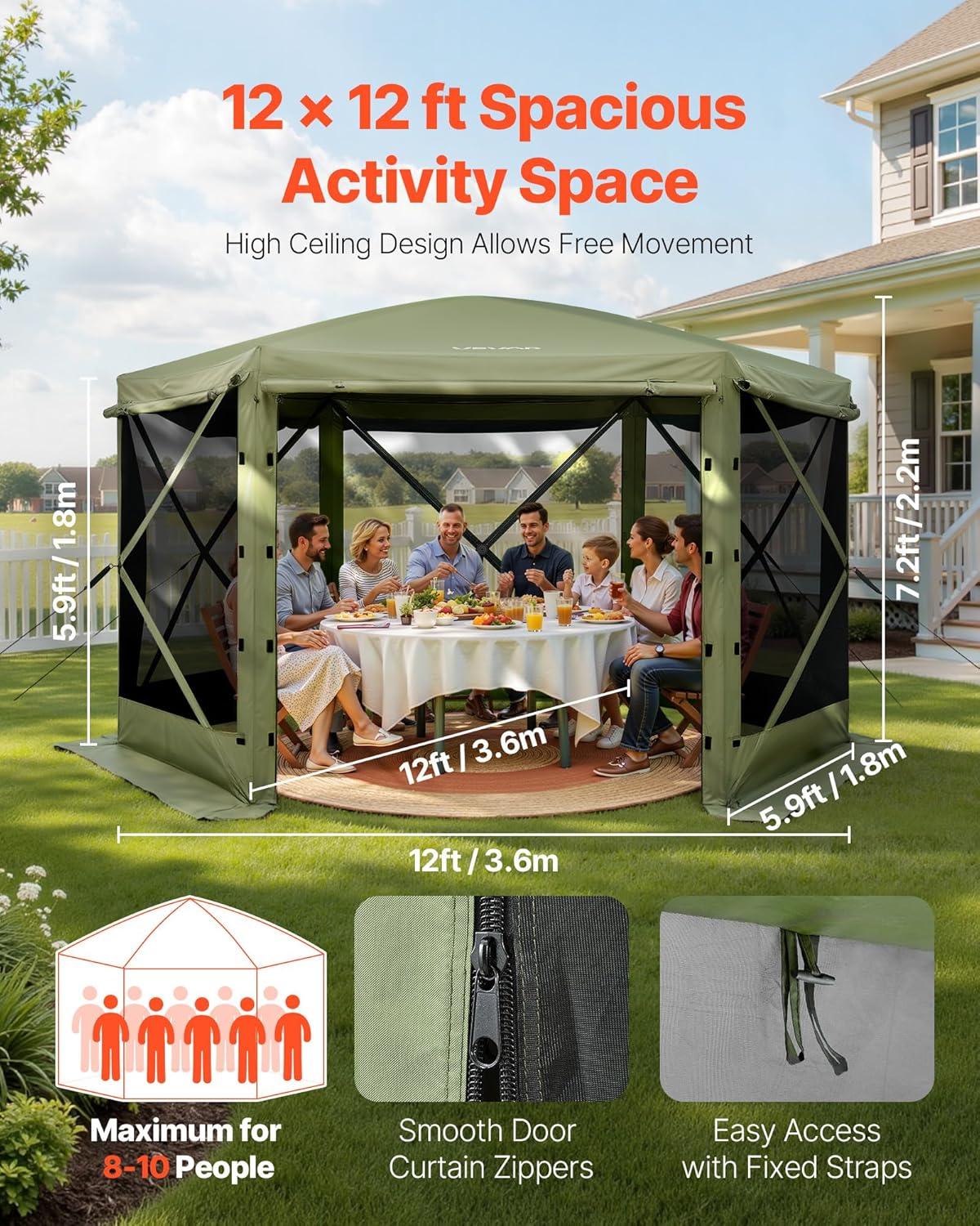 image:imageVEVOR Pop Up Gazebo Screen Tent 6 Sided Canopy Sun Shelter with 6 Removable Privacy Wind Cloths amp Mesh Windows 115x115FT Quick Set Screen Tent with Mosquito Netting BrownArmy Green