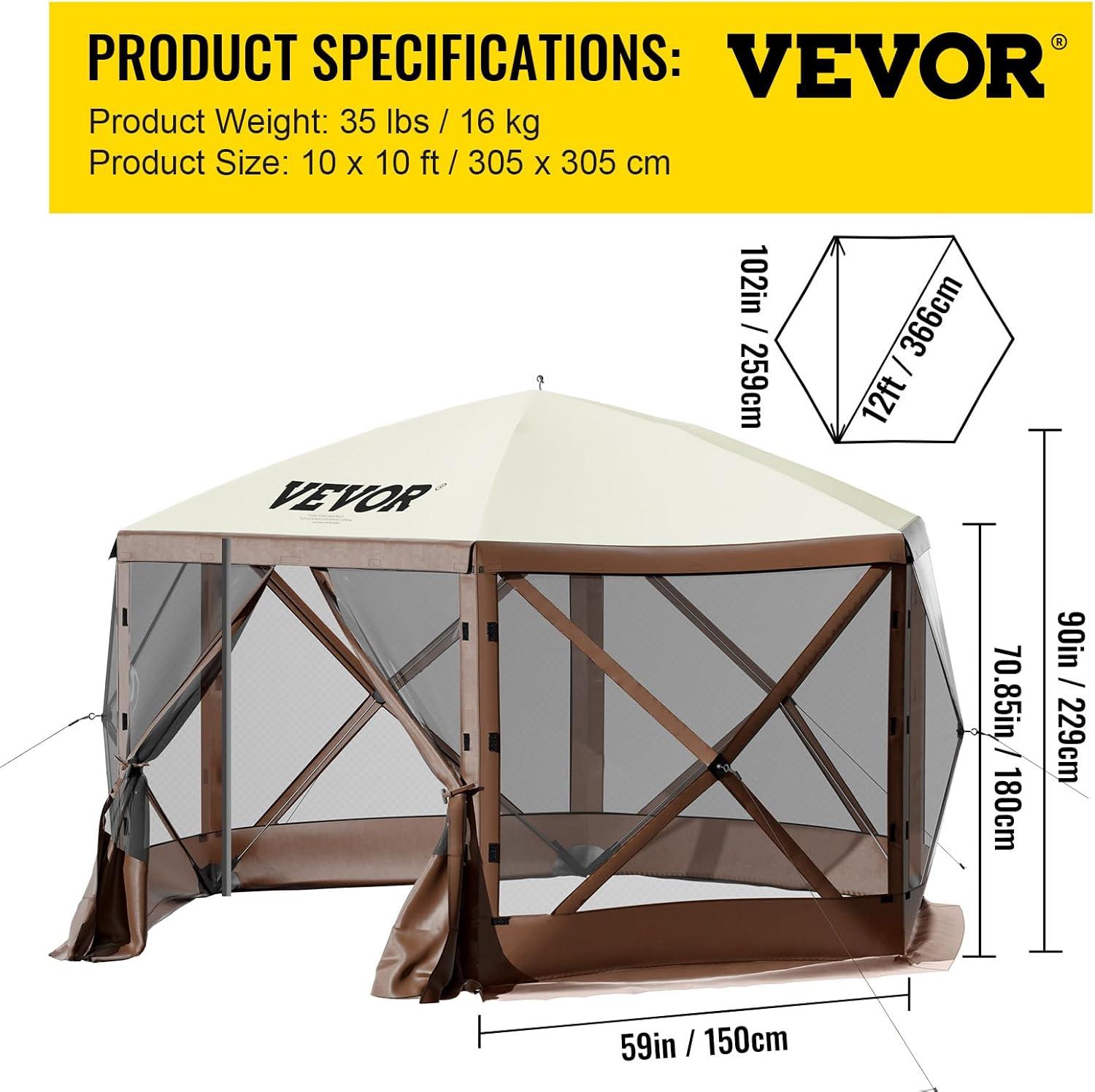 image:imageVEVOR Pop Up Gazebo Screen Tent 6 Sided Canopy Sun Shelter with 6 Removable Privacy Wind Cloths amp Mesh Windows 115x115FT Quick Set Screen Tent with Mosquito Netting BrownBrown