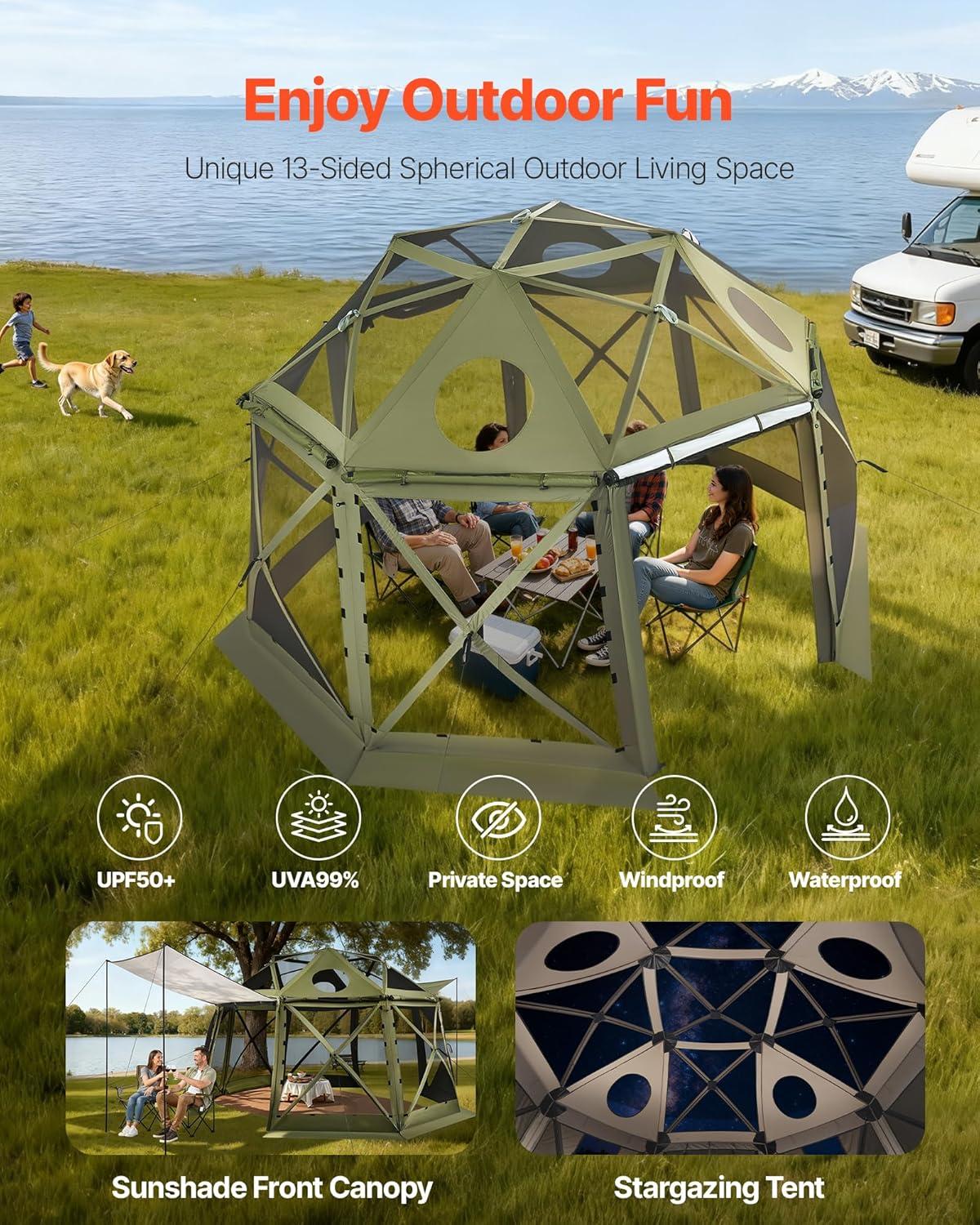 image:imageVEVOR Pop Up Gazebo Screen Tent 6 Sided Canopy Sun Shelter with 6 Removable Privacy Wind Cloths amp Mesh Windows 115x115FT Quick Set Screen Tent with Mosquito Netting BrownArmy Green