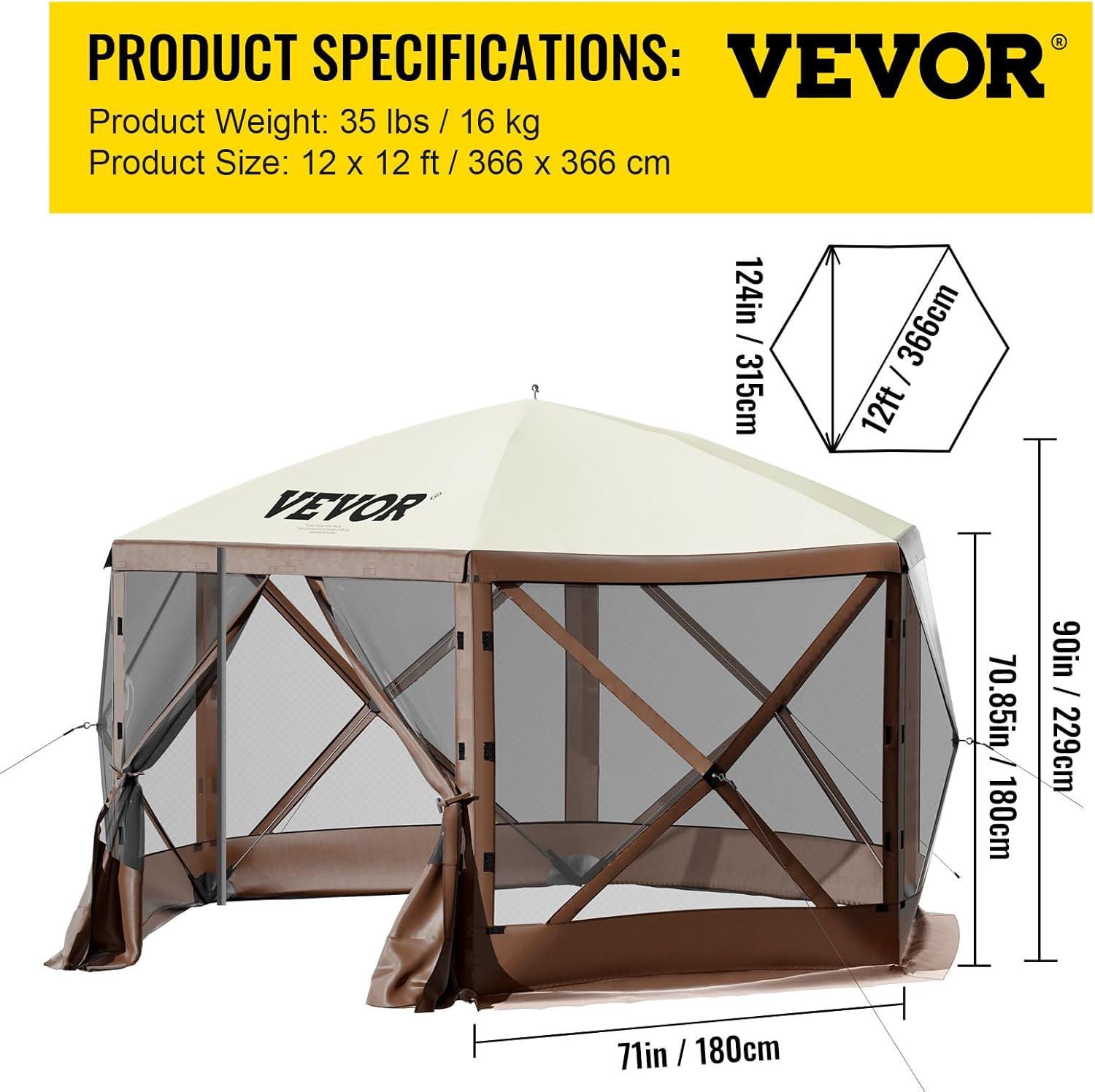 image:imageVEVOR Pop Up Gazebo Screen Tent 6 Sided Canopy Sun Shelter with 6 Removable Privacy Wind Cloths amp Mesh Windows 115x115FT Quick Set Screen Tent with Mosquito Netting BrownBrown