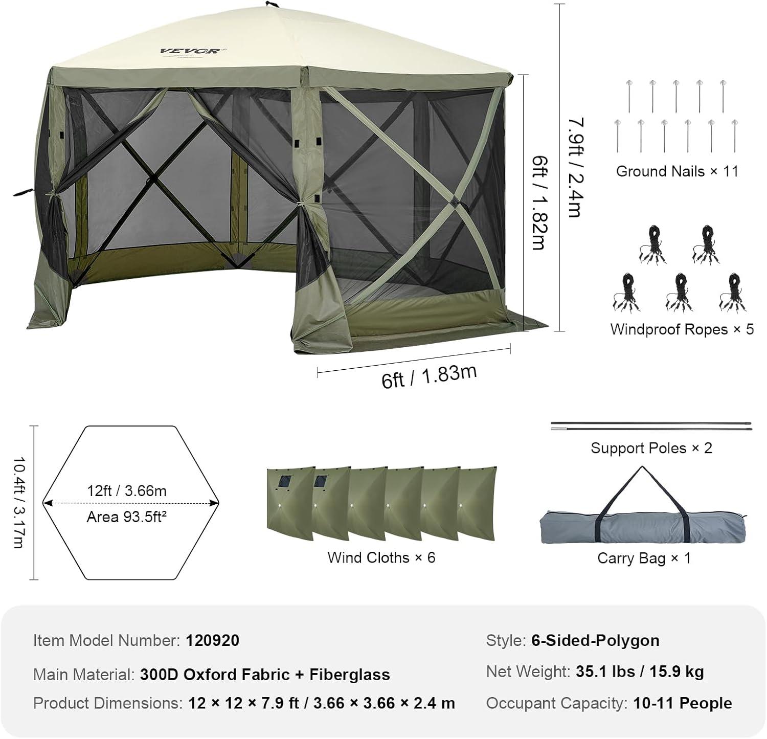 image:imageVEVOR Pop Up Gazebo Screen Tent 6 Sided Canopy Sun Shelter with 6 Removable Privacy Wind Cloths amp Mesh Windows 115x115FT Quick Set Screen Tent with Mosquito Netting BrownArmy Green