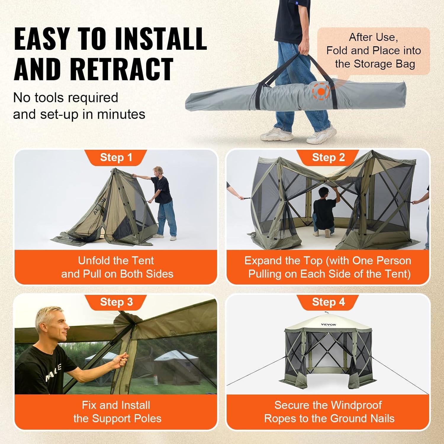 image:imageVEVOR Pop Up Gazebo Screen Tent 6 Sided Canopy Sun Shelter with 6 Removable Privacy Wind Cloths amp Mesh Windows 115x115FT Quick Set Screen Tent with Mosquito Netting BrownArmy Green