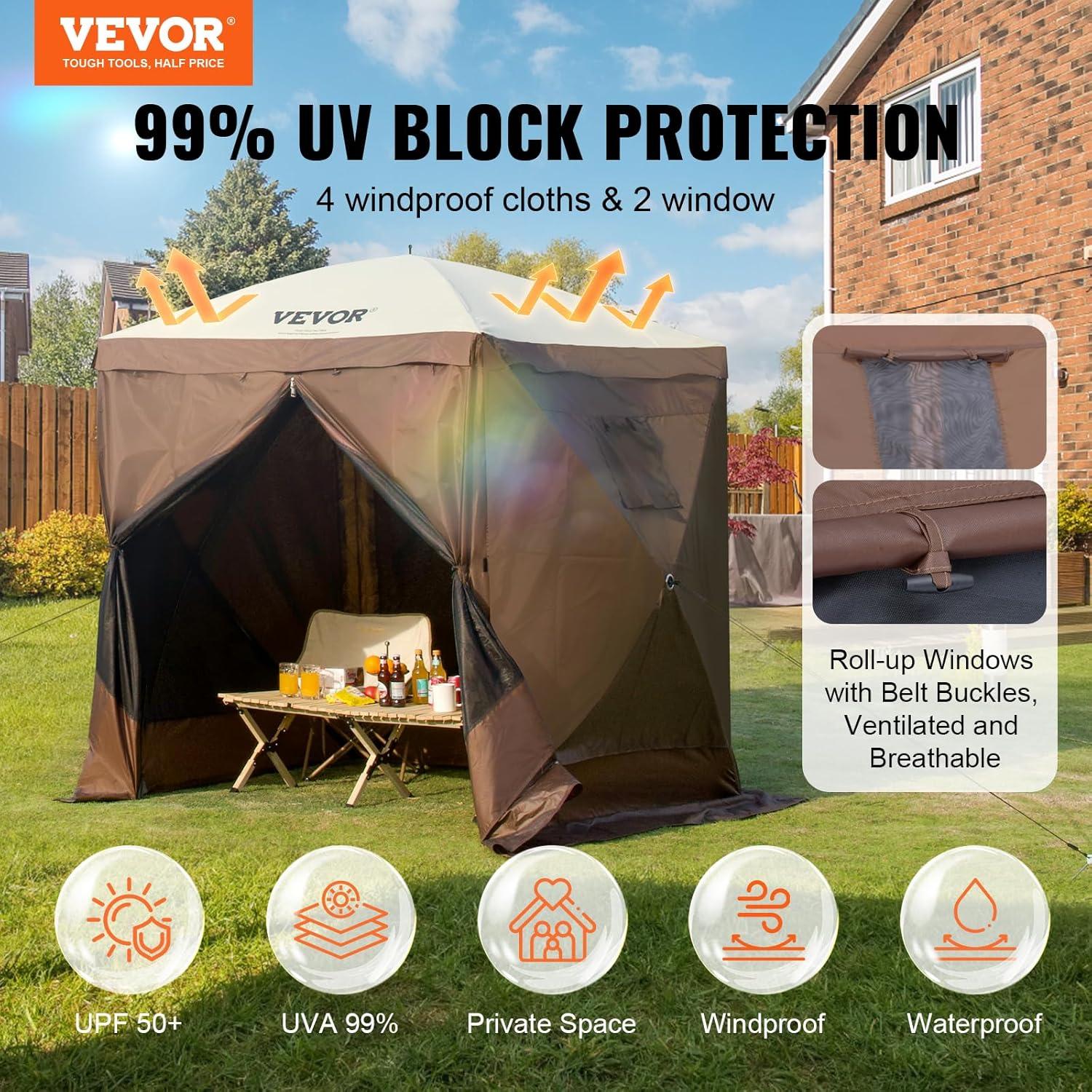 image:imageVEVOR Pop Up Gazebo Screen Tent 6 Sided Canopy Sun Shelter with 6 Removable Privacy Wind Cloths amp Mesh Windows 115x115FT Quick Set Screen Tent with Mosquito Netting BrownBrown