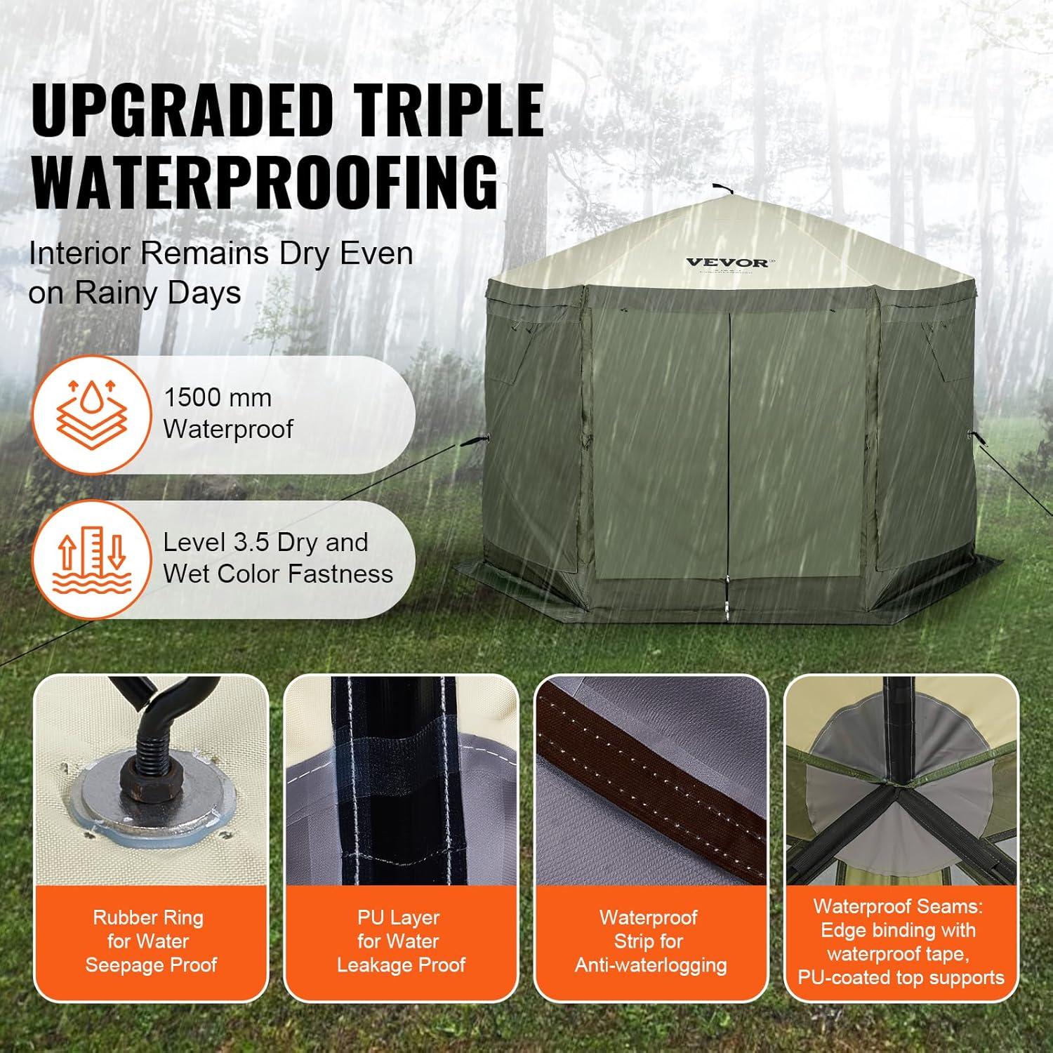 image:imageVEVOR Pop Up Gazebo Screen Tent 6 Sided Canopy Sun Shelter with 6 Removable Privacy Wind Cloths amp Mesh Windows 115x115FT Quick Set Screen Tent with Mosquito Netting BrownArmy Green