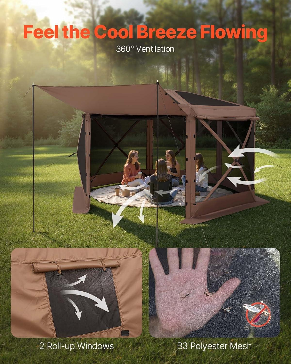 image:imageVEVOR Pop Up Gazebo Screen Tent 6 Sided Canopy Sun Shelter with 6 Removable Privacy Wind Cloths amp Mesh Windows 115x115FT Quick Set Screen Tent with Mosquito Netting BrownBrown