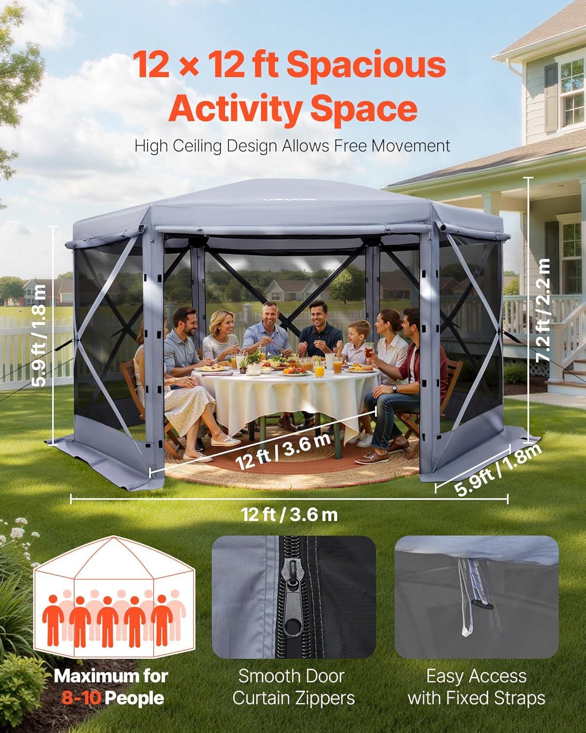 image:imageVEVOR Pop Up Gazebo Screen Tent 6 Sided Canopy Sun Shelter with 6 Removable Privacy Wind Cloths amp Mesh Windows 115x115FT Quick Set Screen Tent with Mosquito Netting BrownGray