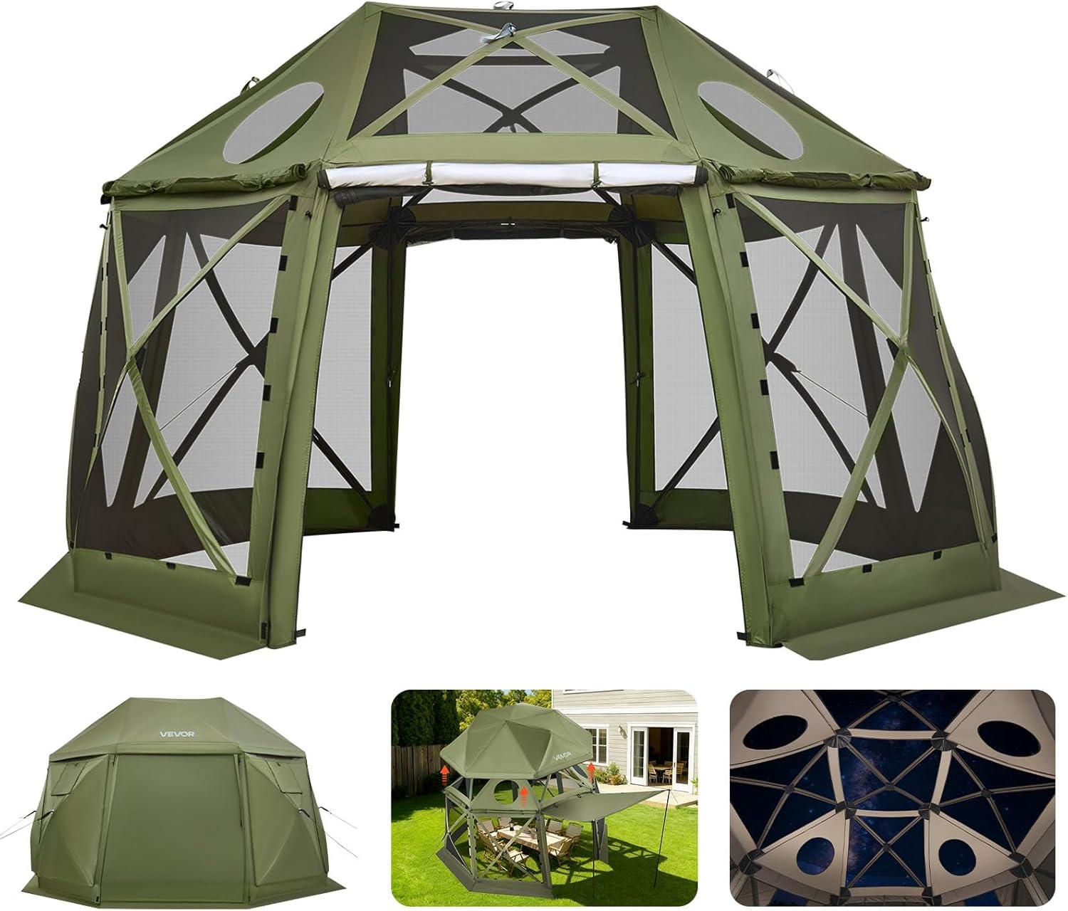 image:imageVEVOR Pop Up Gazebo Screen Tent 6 Sided Canopy Sun Shelter with 6 Removable Privacy Wind Cloths amp Mesh Windows 115x115FT Quick Set Screen Tent with Mosquito Netting BrownArmy Green