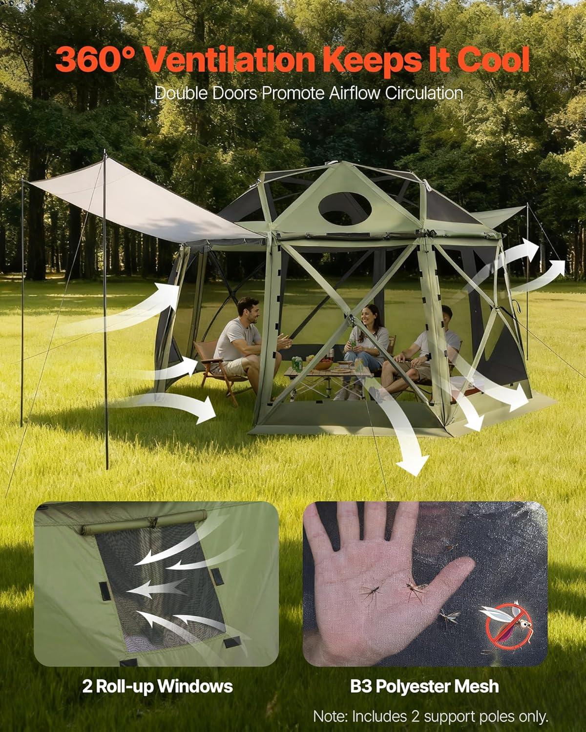 image:imageVEVOR Pop Up Gazebo Screen Tent 6 Sided Canopy Sun Shelter with 6 Removable Privacy Wind Cloths amp Mesh Windows 115x115FT Quick Set Screen Tent with Mosquito Netting BrownArmy Green