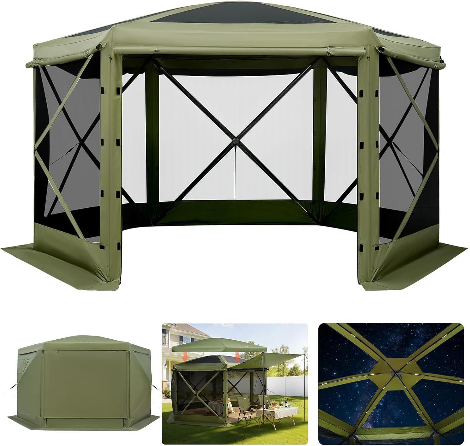 image:imageVEVOR Pop Up Gazebo Screen Tent 6 Sided Canopy Sun Shelter with 6 Removable Privacy Wind Cloths amp Mesh Windows 115x115FT Quick Set Screen Tent with Mosquito Netting BrownArmy Green