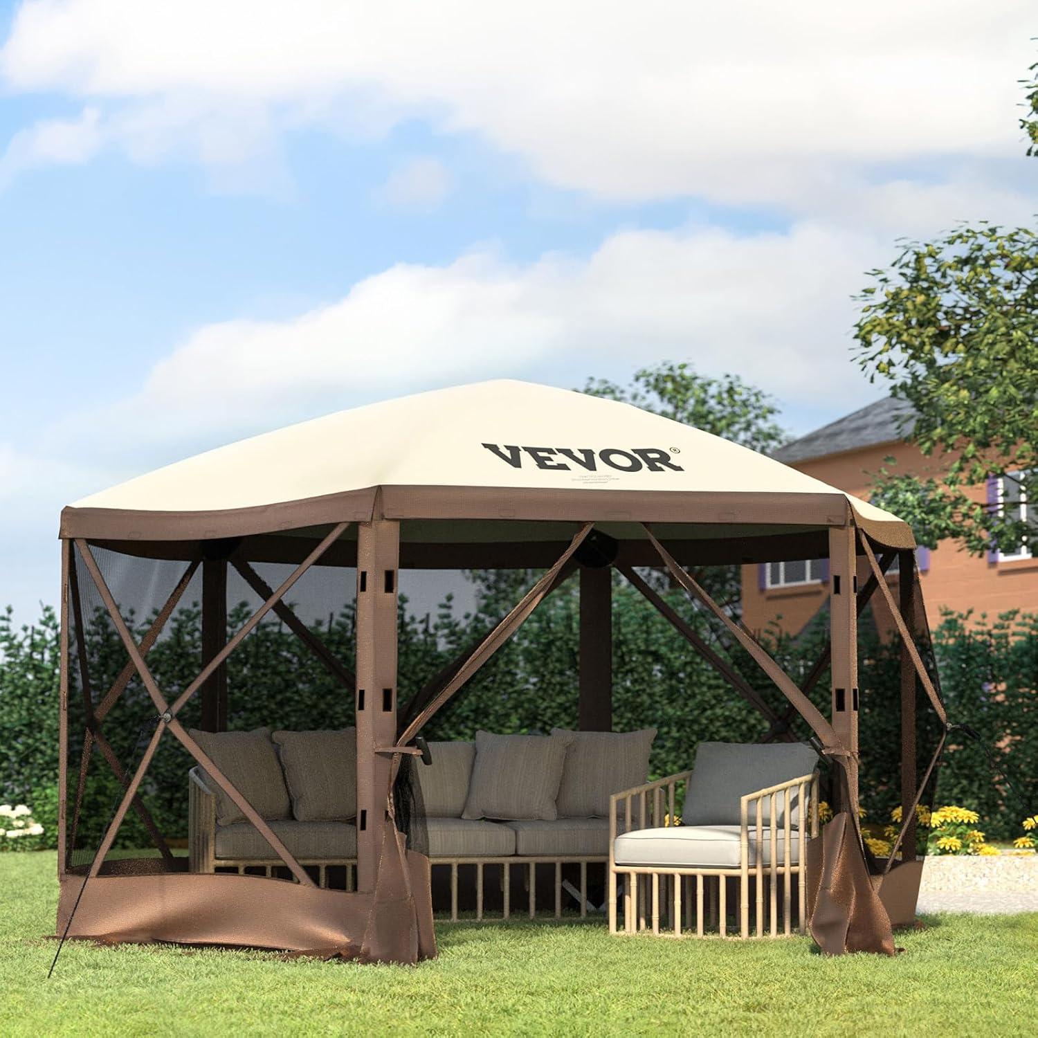 image:imageVEVOR Pop Up Gazebo Screen Tent 6 Sided Canopy Sun Shelter with 6 Removable Privacy Wind Cloths amp Mesh Windows 115x115FT Quick Set Screen Tent with Mosquito Netting BrownBrown