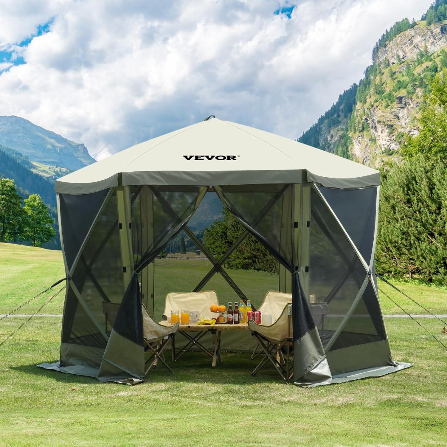 image:imageVEVOR Pop Up Gazebo Screen Tent 6 Sided Canopy Sun Shelter with 6 Removable Privacy Wind Cloths amp Mesh Windows 115x115FT Quick Set Screen Tent with Mosquito Netting BrownArmy Green