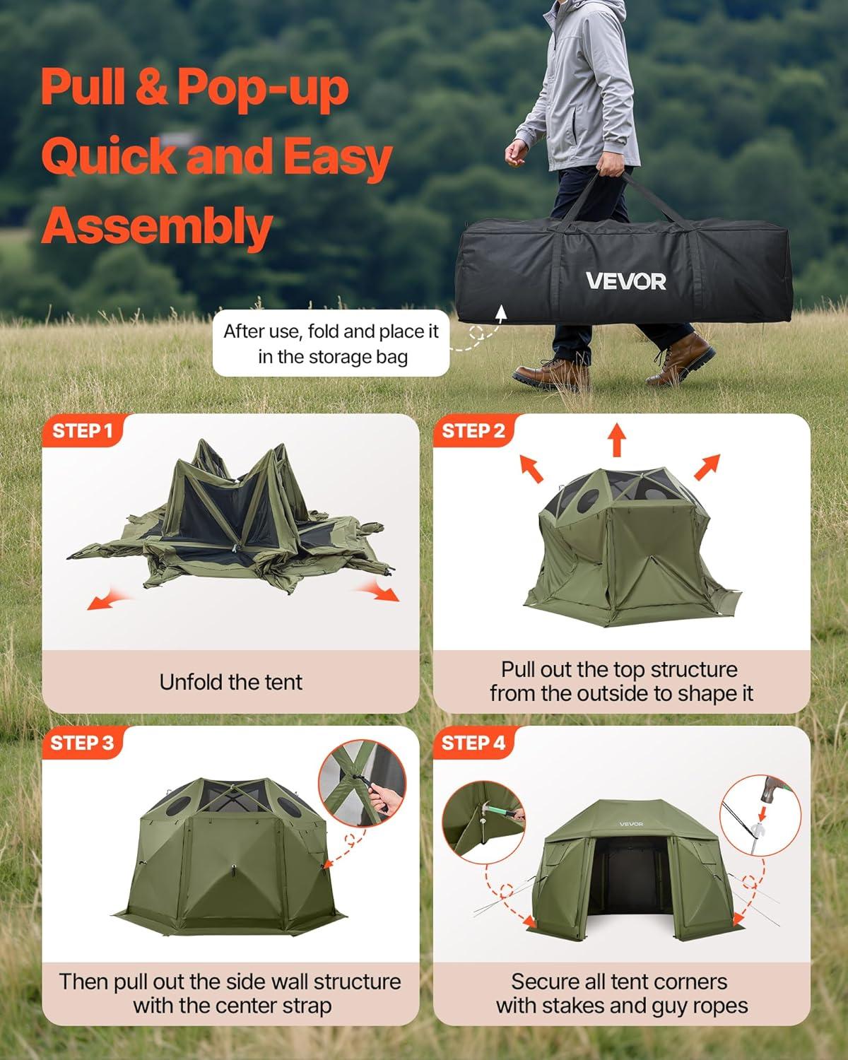 image:imageVEVOR Pop Up Gazebo Screen Tent 6 Sided Canopy Sun Shelter with 6 Removable Privacy Wind Cloths amp Mesh Windows 115x115FT Quick Set Screen Tent with Mosquito Netting BrownArmy Green