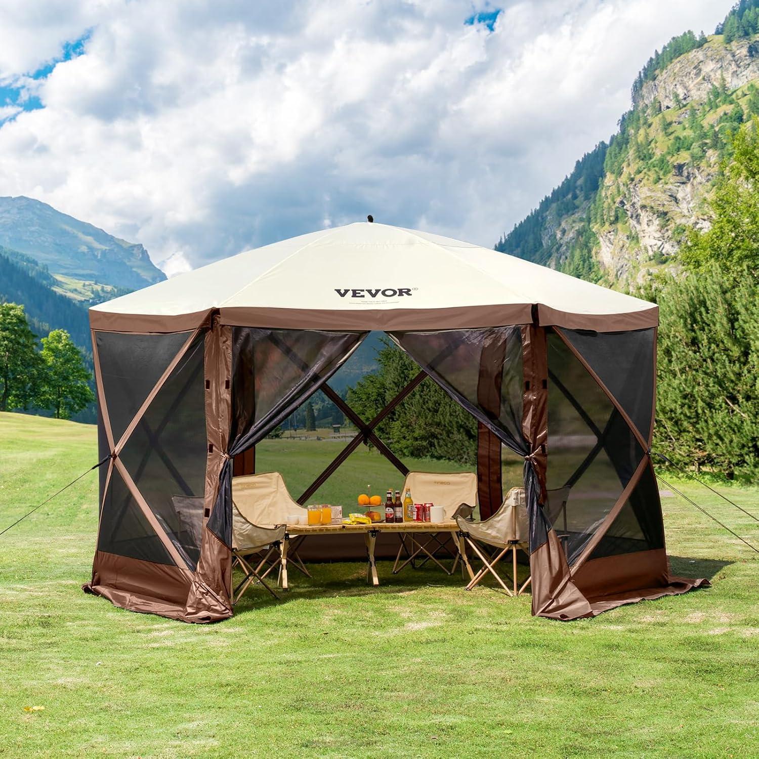 image:imageVEVOR Pop Up Gazebo Screen Tent 6 Sided Canopy Sun Shelter with 6 Removable Privacy Wind Cloths amp Mesh Windows 115x115FT Quick Set Screen Tent with Mosquito Netting BrownBrown