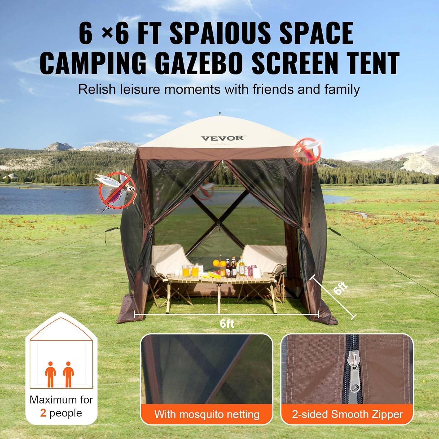 image:imageVEVOR Pop Up Gazebo Screen Tent 6 Sided Canopy Sun Shelter with 6 Removable Privacy Wind Cloths amp Mesh Windows 115x115FT Quick Set Screen Tent with Mosquito Netting BrownBrown