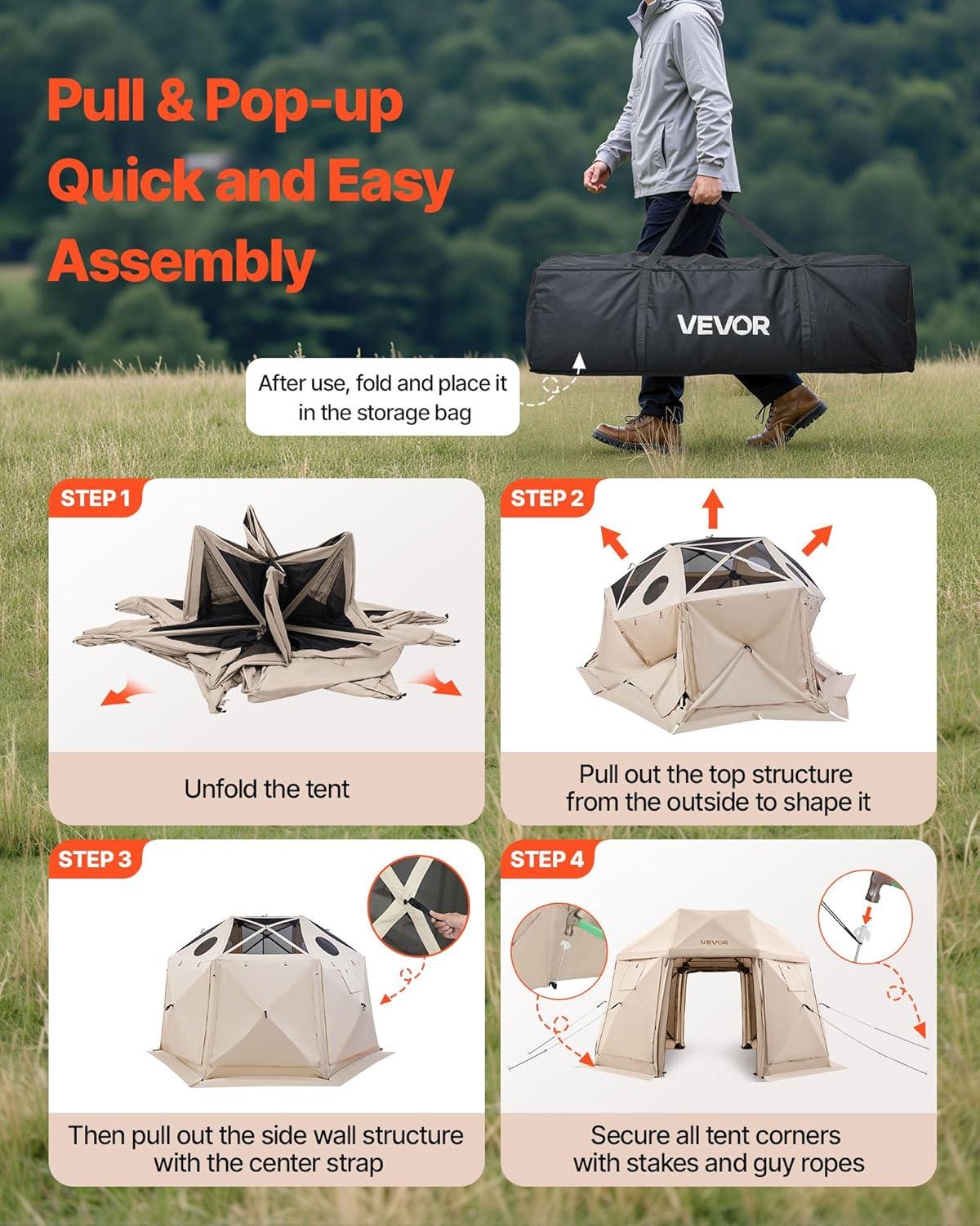 image:imageVEVOR Pop Up Gazebo Screen Tent 6 Sided Canopy Sun Shelter with 6 Removable Privacy Wind Cloths amp Mesh Windows 115x115FT Quick Set Screen Tent with Mosquito Netting BrownBeige