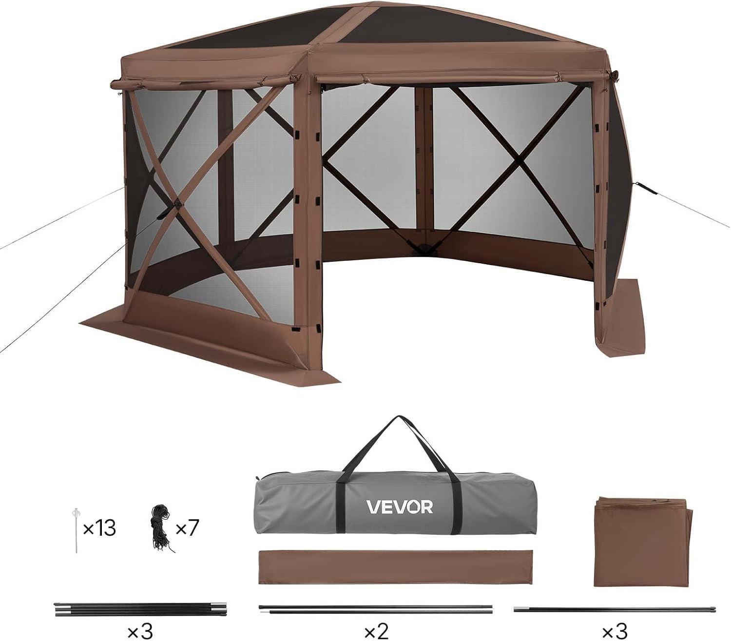 image:imageVEVOR Pop Up Gazebo Screen Tent 6 Sided Canopy Sun Shelter with 6 Removable Privacy Wind Cloths amp Mesh Windows 115x115FT Quick Set Screen Tent with Mosquito Netting BrownBrown