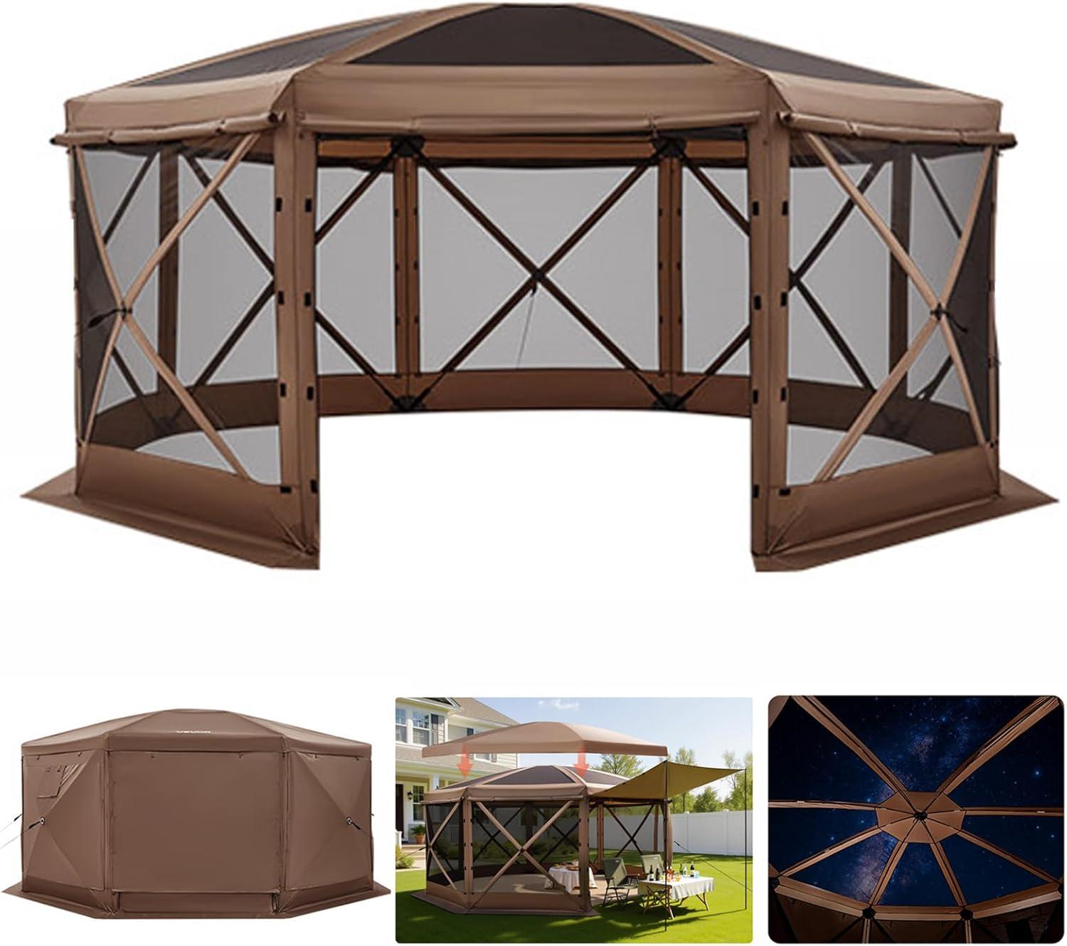 image:imageVEVOR Pop Up Gazebo Screen Tent 6 Sided Canopy Sun Shelter with 6 Removable Privacy Wind Cloths amp Mesh Windows 115x115FT Quick Set Screen Tent with Mosquito Netting BrownBrown