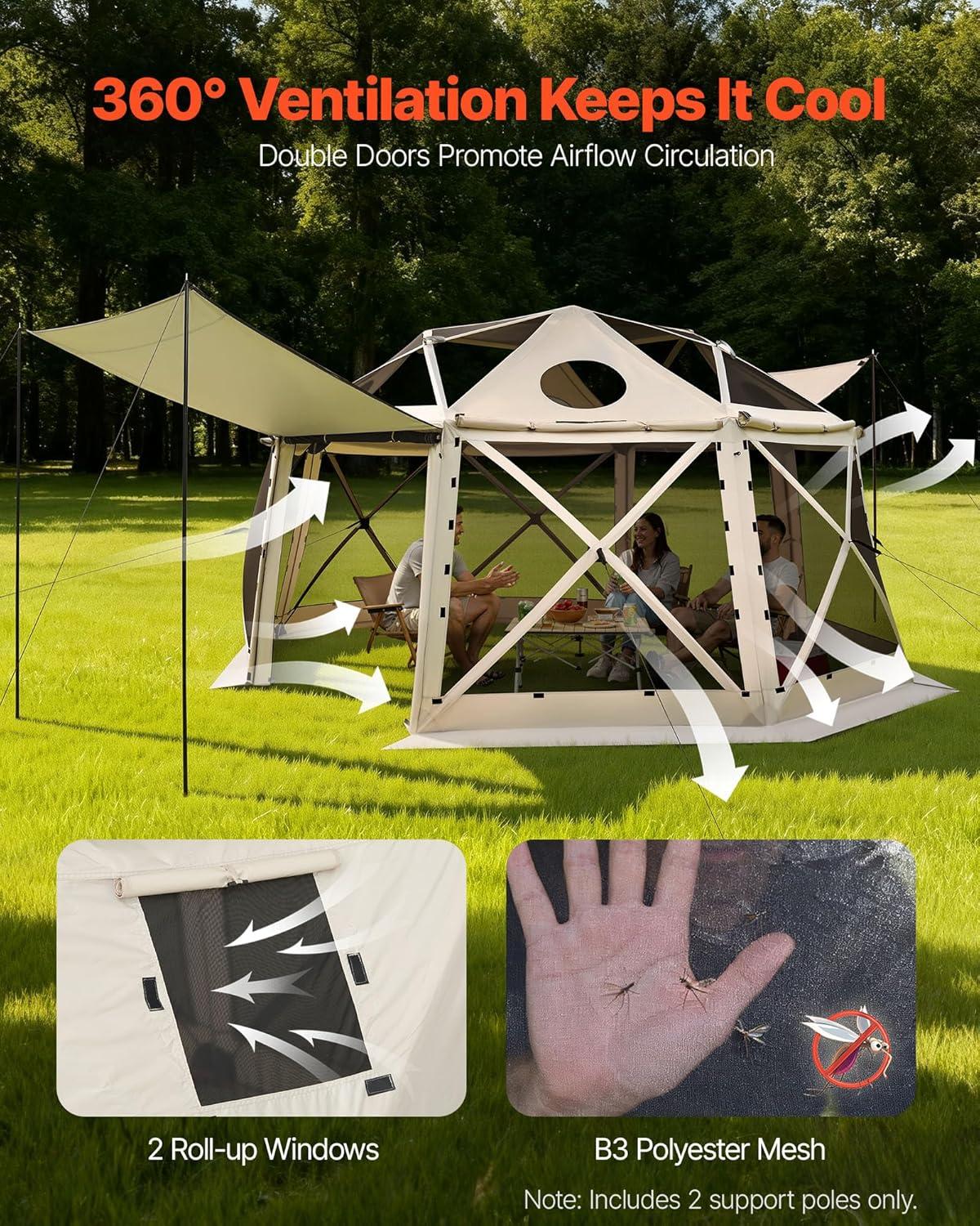 image:imageVEVOR Pop Up Gazebo Screen Tent 6 Sided Canopy Sun Shelter with 6 Removable Privacy Wind Cloths amp Mesh Windows 115x115FT Quick Set Screen Tent with Mosquito Netting BrownBeige