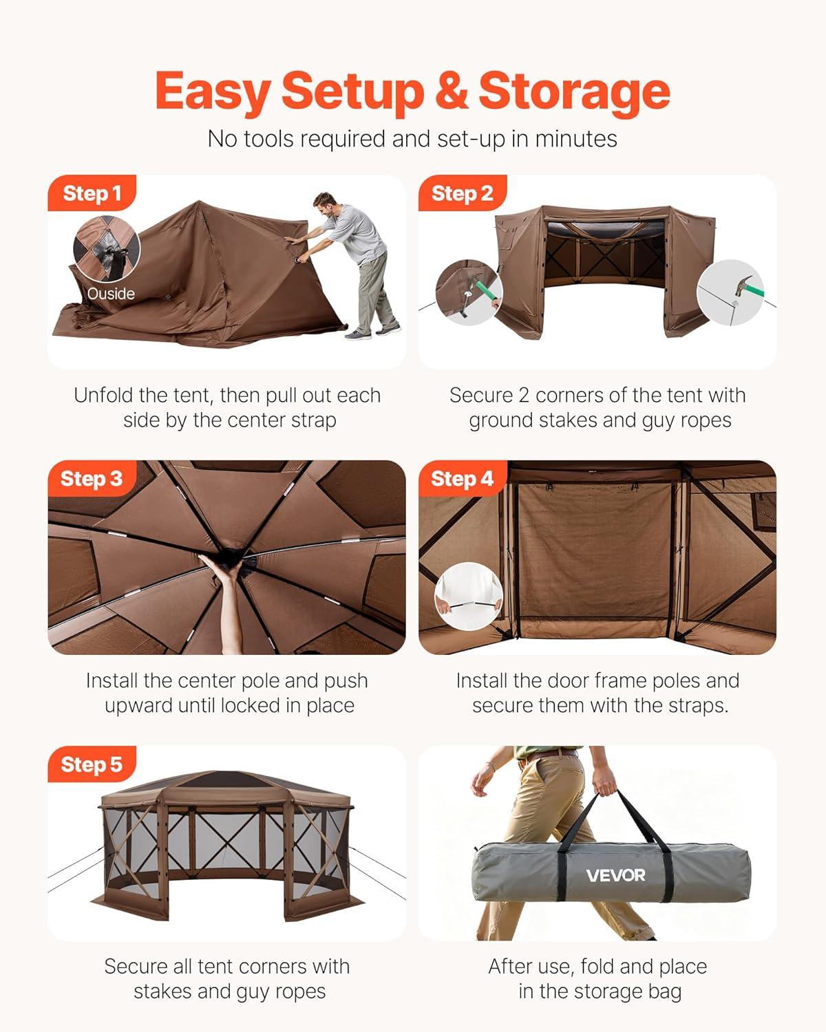 image:imageVEVOR Pop Up Gazebo Screen Tent 6 Sided Canopy Sun Shelter with 6 Removable Privacy Wind Cloths amp Mesh Windows 115x115FT Quick Set Screen Tent with Mosquito Netting BrownBrown