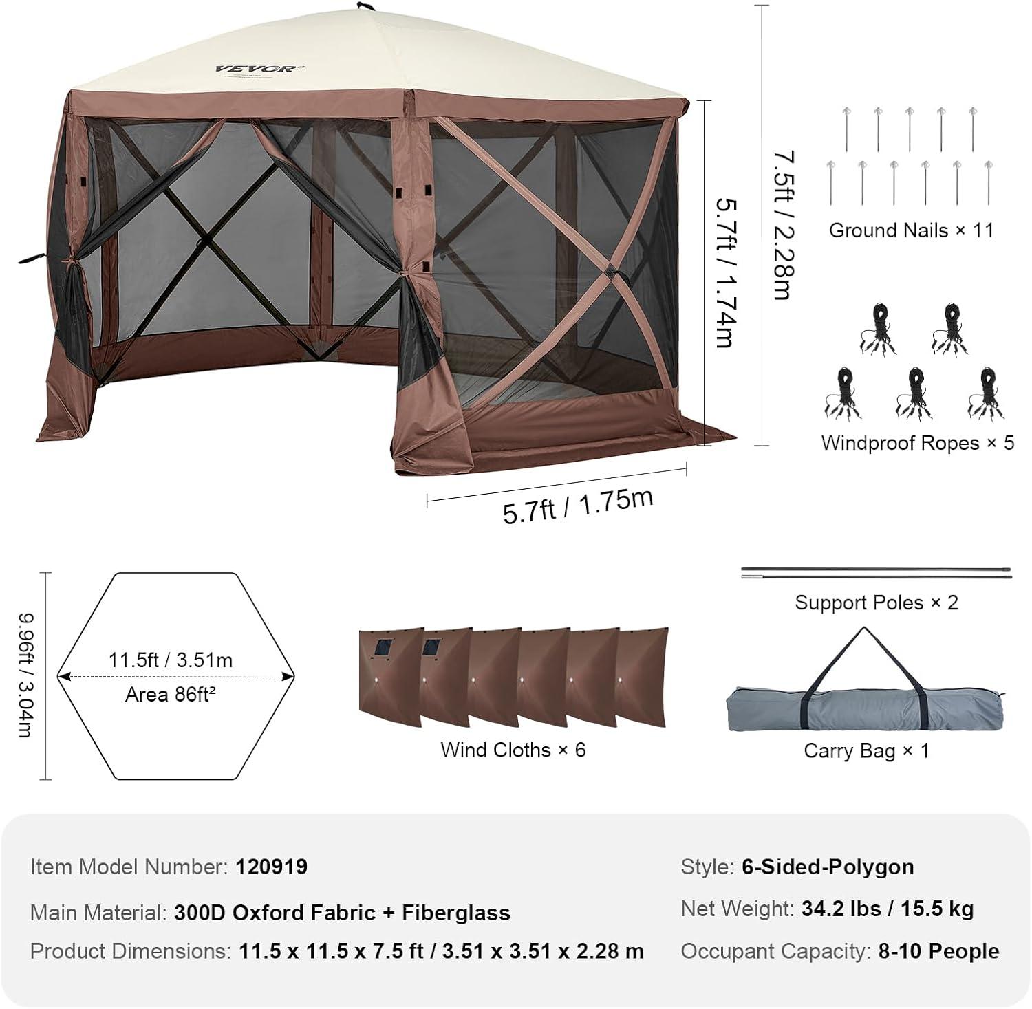 image:imageVEVOR Pop Up Gazebo Screen Tent 6 Sided Canopy Sun Shelter with 6 Removable Privacy Wind Cloths amp Mesh Windows 115x115FT Quick Set Screen Tent with Mosquito Netting BrownBrown
