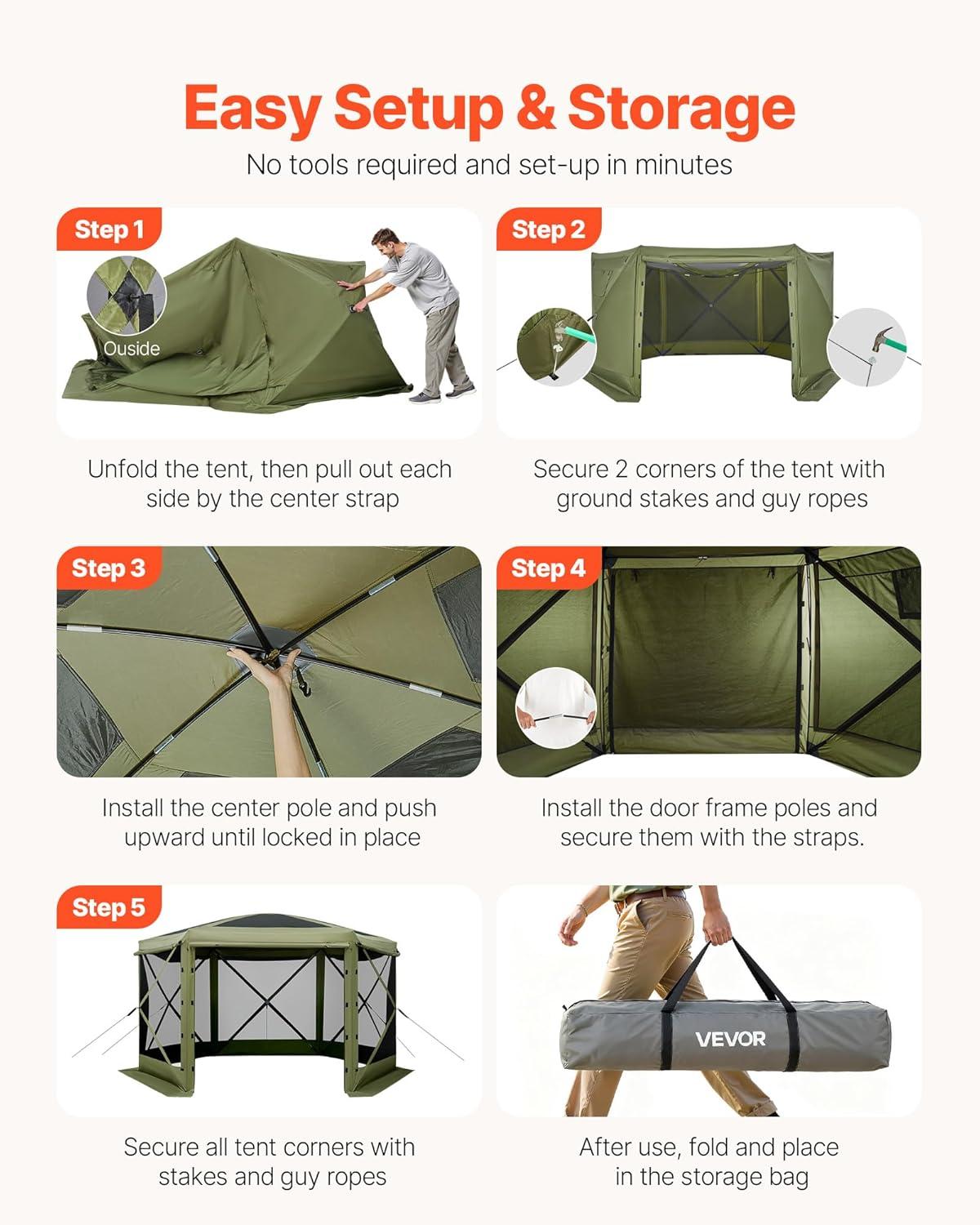 image:imageVEVOR Pop Up Gazebo Screen Tent 6 Sided Canopy Sun Shelter with 6 Removable Privacy Wind Cloths amp Mesh Windows 115x115FT Quick Set Screen Tent with Mosquito Netting BrownArmy Green