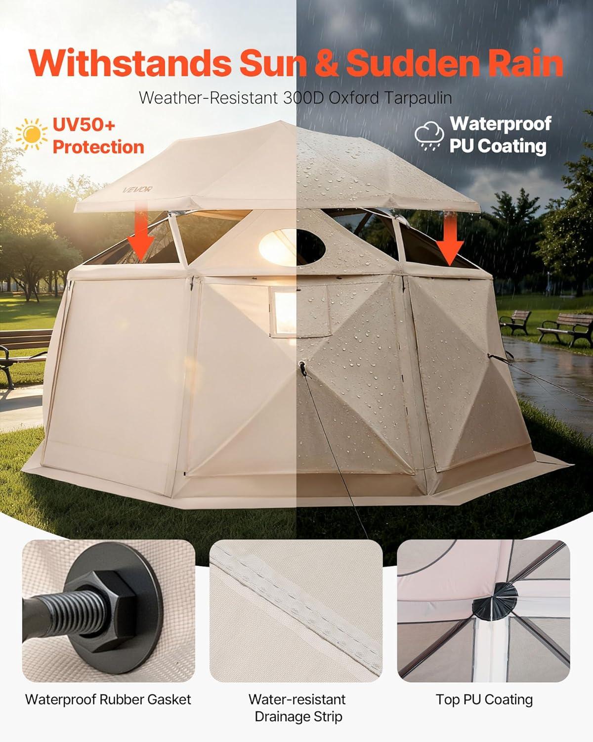 image:imageVEVOR Pop Up Gazebo Screen Tent 6 Sided Canopy Sun Shelter with 6 Removable Privacy Wind Cloths amp Mesh Windows 115x115FT Quick Set Screen Tent with Mosquito Netting BrownBeige