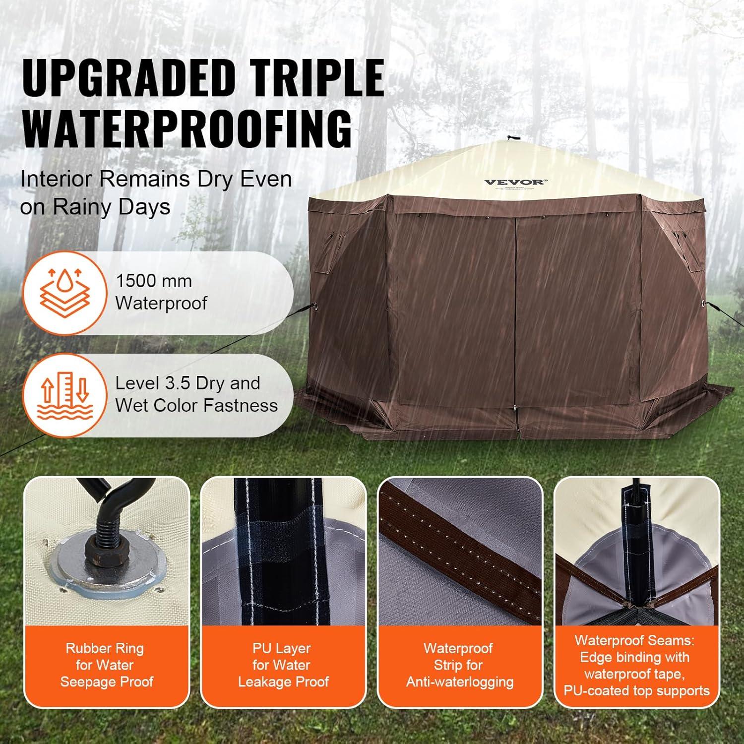 image:imageVEVOR Pop Up Gazebo Screen Tent 6 Sided Canopy Sun Shelter with 6 Removable Privacy Wind Cloths amp Mesh Windows 115x115FT Quick Set Screen Tent with Mosquito Netting BrownBrown