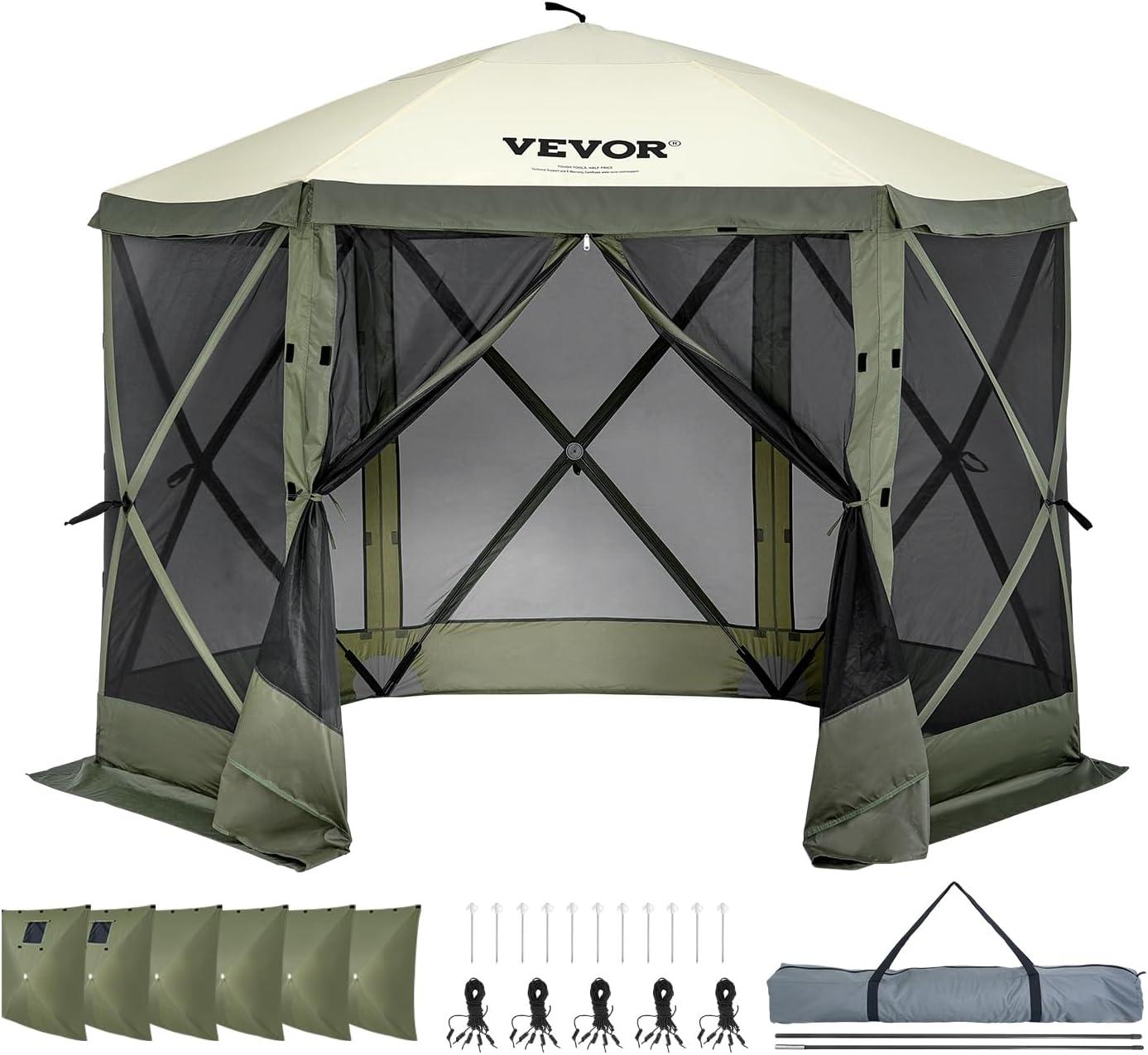 image:imageVEVOR Pop Up Gazebo Screen Tent 6 Sided Canopy Sun Shelter with 6 Removable Privacy Wind Cloths amp Mesh Windows 115x115FT Quick Set Screen Tent with Mosquito Netting BrownArmy Green