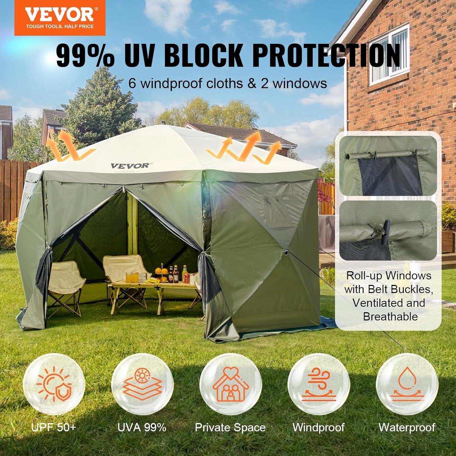 image:imageVEVOR Pop Up Gazebo Screen Tent 6 Sided Canopy Sun Shelter with 6 Removable Privacy Wind Cloths amp Mesh Windows 115x115FT Quick Set Screen Tent with Mosquito Netting BrownArmy Green