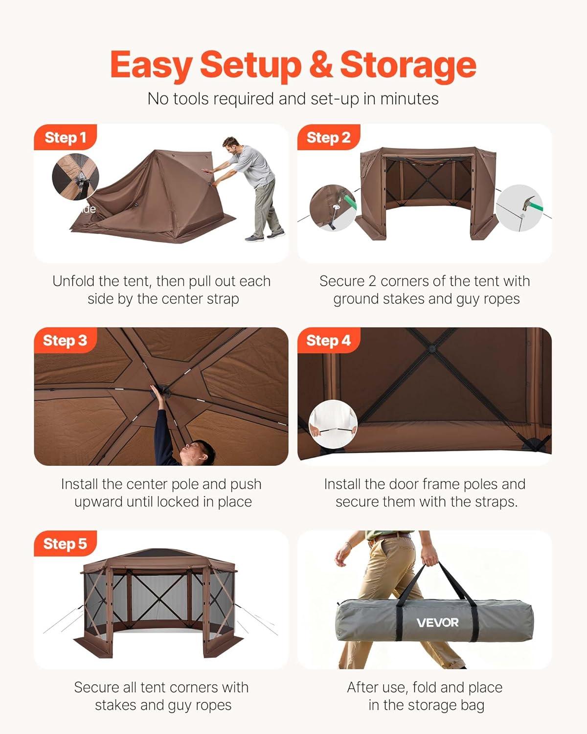image:imageVEVOR Pop Up Gazebo Screen Tent 6 Sided Canopy Sun Shelter with 6 Removable Privacy Wind Cloths amp Mesh Windows 115x115FT Quick Set Screen Tent with Mosquito Netting BrownBrown