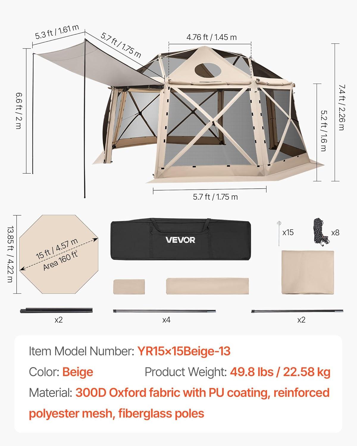 image:imageVEVOR Pop Up Gazebo Screen Tent 6 Sided Canopy Sun Shelter with 6 Removable Privacy Wind Cloths amp Mesh Windows 115x115FT Quick Set Screen Tent with Mosquito Netting BrownBeige