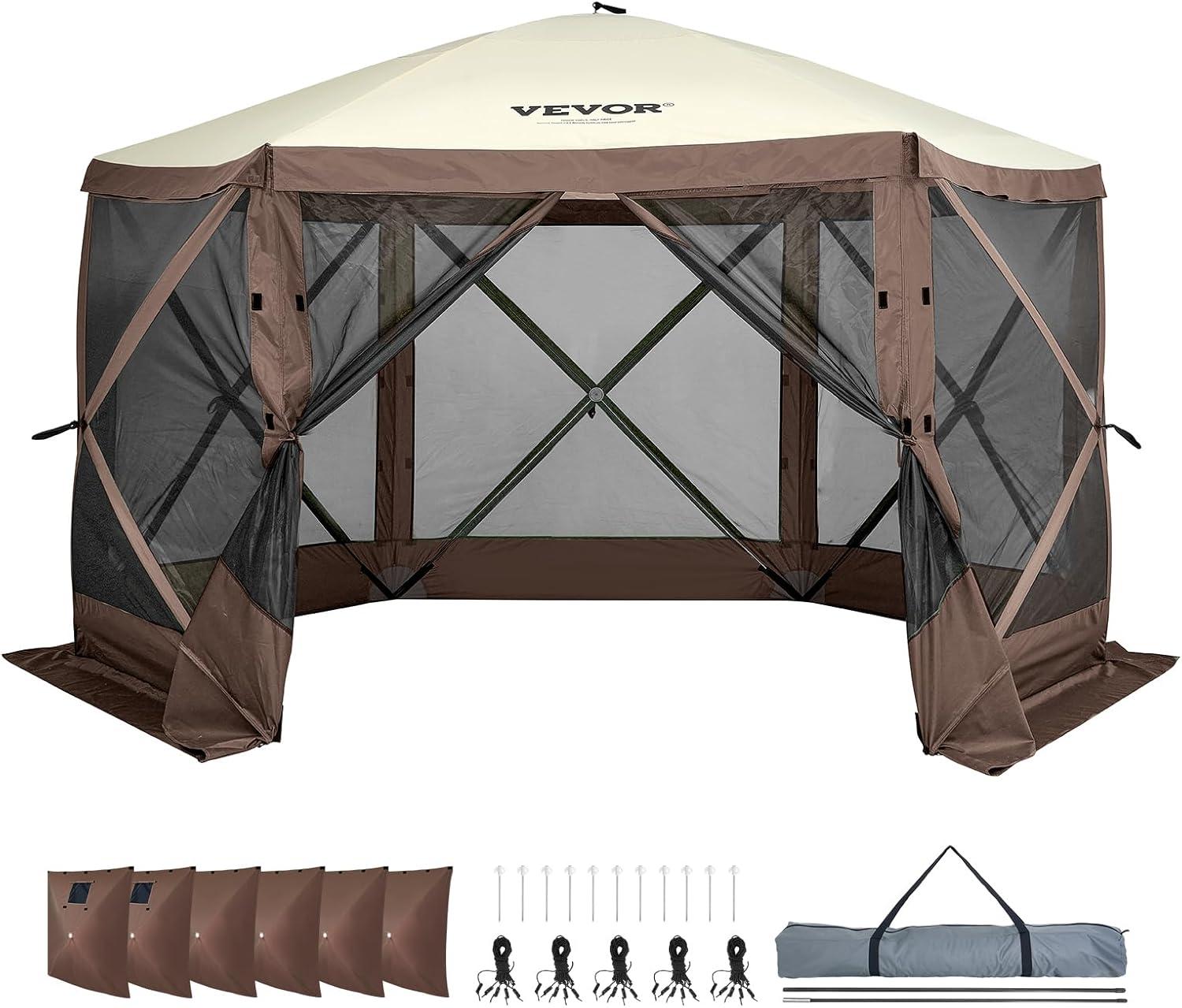 image:imageVEVOR Pop Up Gazebo Screen Tent 6 Sided Canopy Sun Shelter with 6 Removable Privacy Wind Cloths amp Mesh Windows 115x115FT Quick Set Screen Tent with Mosquito Netting BrownBrown