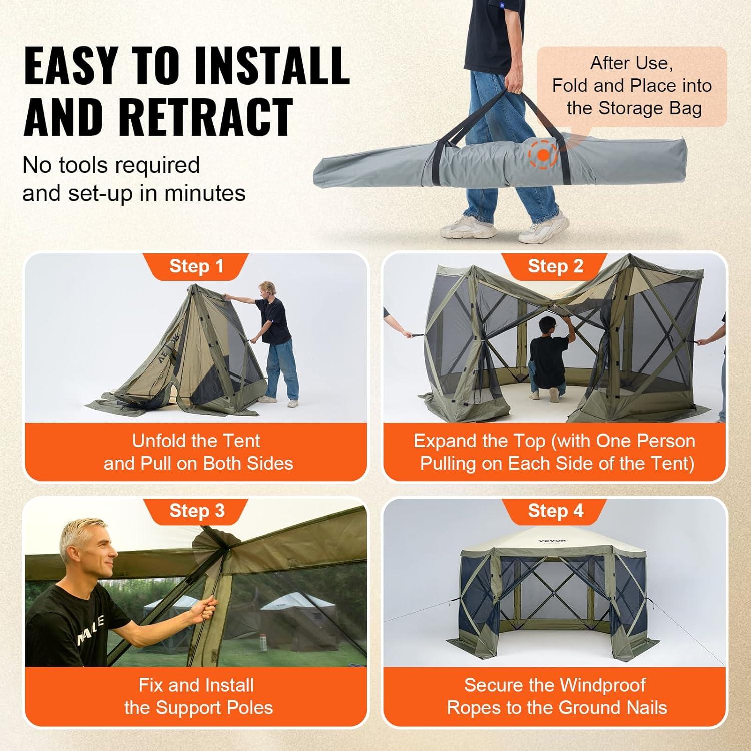 image:imageVEVOR Pop Up Gazebo Screen Tent 6 Sided Canopy Sun Shelter with 6 Removable Privacy Wind Cloths amp Mesh Windows 115x115FT Quick Set Screen Tent with Mosquito Netting BrownArmy Green