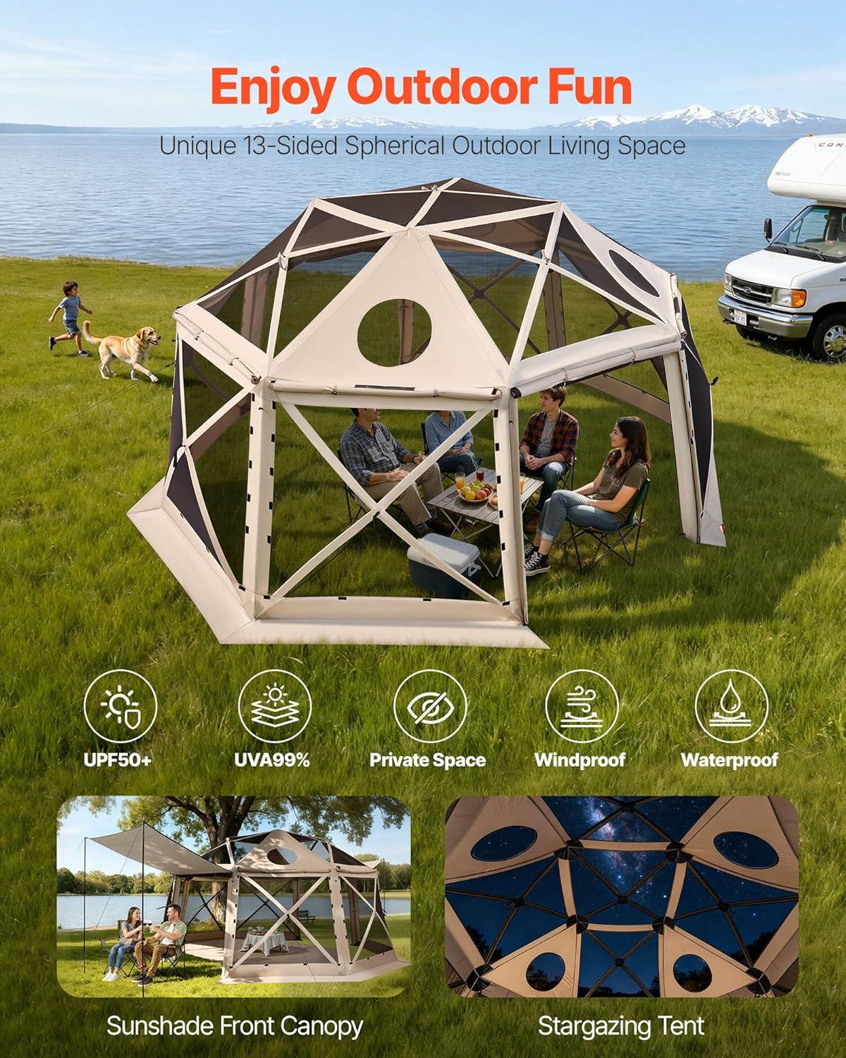 image:imageVEVOR Pop Up Gazebo Screen Tent 6 Sided Canopy Sun Shelter with 6 Removable Privacy Wind Cloths amp Mesh Windows 115x115FT Quick Set Screen Tent with Mosquito Netting BrownBeige