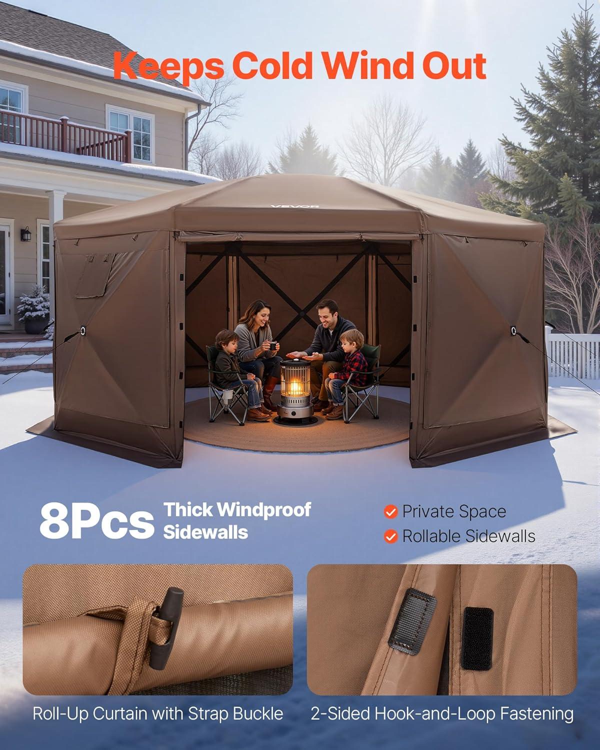 image:imageVEVOR Pop Up Gazebo Screen Tent 6 Sided Canopy Sun Shelter with 6 Removable Privacy Wind Cloths amp Mesh Windows 115x115FT Quick Set Screen Tent with Mosquito Netting BrownBrown
