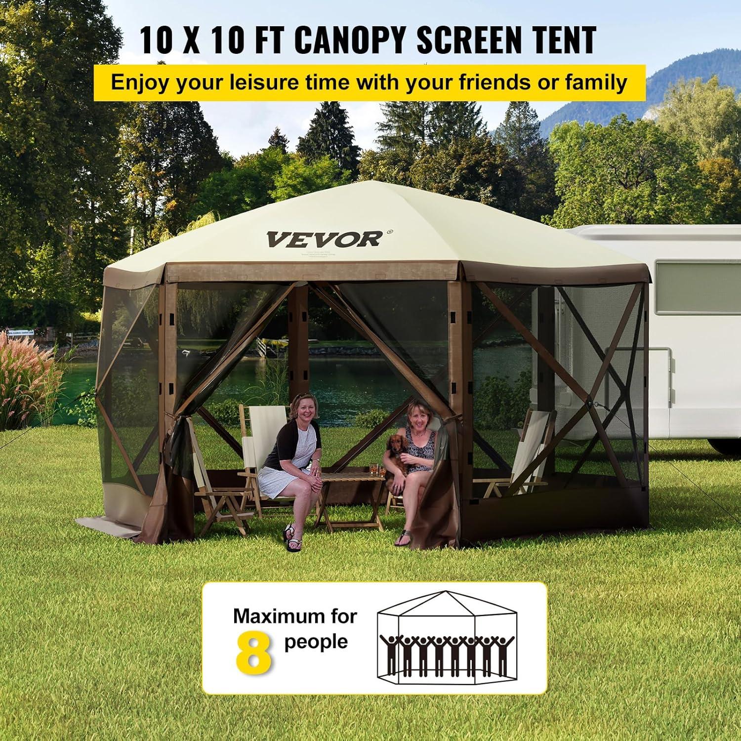 image:imageVEVOR Pop Up Gazebo Screen Tent 6 Sided Canopy Sun Shelter with 6 Removable Privacy Wind Cloths amp Mesh Windows 115x115FT Quick Set Screen Tent with Mosquito Netting BrownBrown