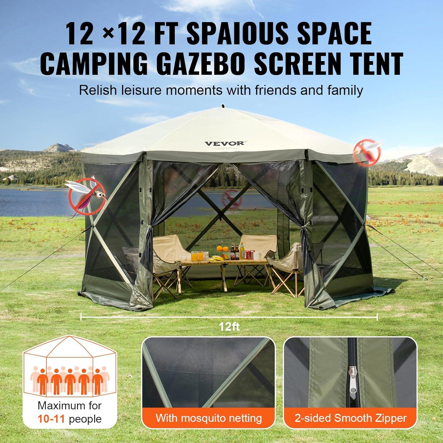 image:imageVEVOR Pop Up Gazebo Screen Tent 6 Sided Canopy Sun Shelter with 6 Removable Privacy Wind Cloths amp Mesh Windows 115x115FT Quick Set Screen Tent with Mosquito Netting BrownArmy Green