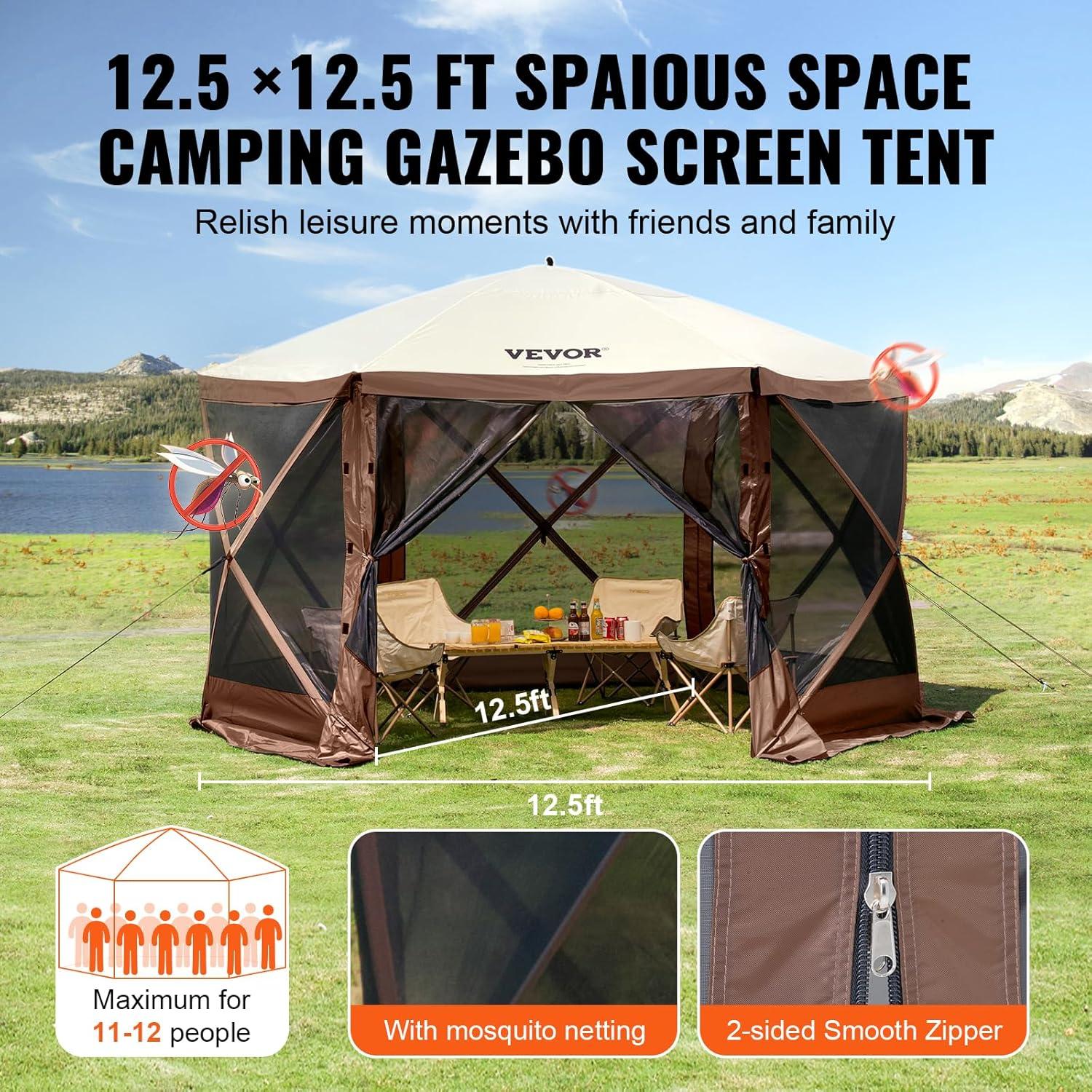 image:imageVEVOR Pop Up Gazebo Screen Tent 6 Sided Canopy Sun Shelter with 6 Removable Privacy Wind Cloths amp Mesh Windows 115x115FT Quick Set Screen Tent with Mosquito Netting BrownBrown
