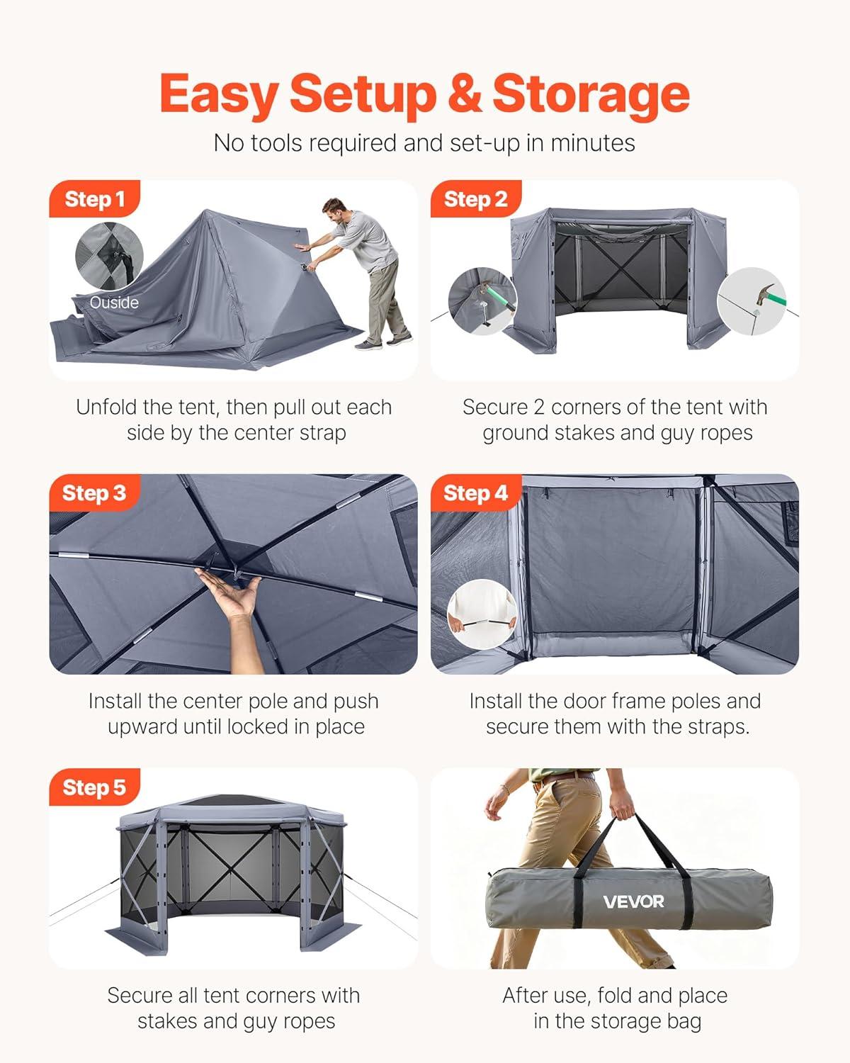 image:imageVEVOR Pop Up Gazebo Screen Tent 6 Sided Canopy Sun Shelter with 6 Removable Privacy Wind Cloths amp Mesh Windows 115x115FT Quick Set Screen Tent with Mosquito Netting BrownGray