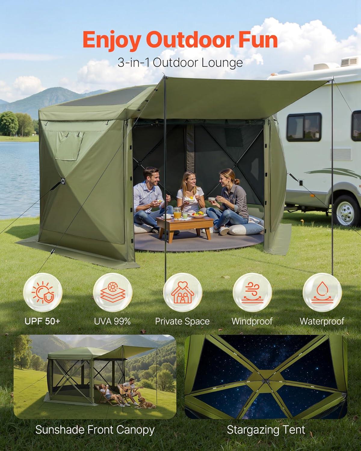 image:imageVEVOR Pop Up Gazebo Screen Tent 6 Sided Canopy Sun Shelter with 6 Removable Privacy Wind Cloths amp Mesh Windows 115x115FT Quick Set Screen Tent with Mosquito Netting BrownArmy Green